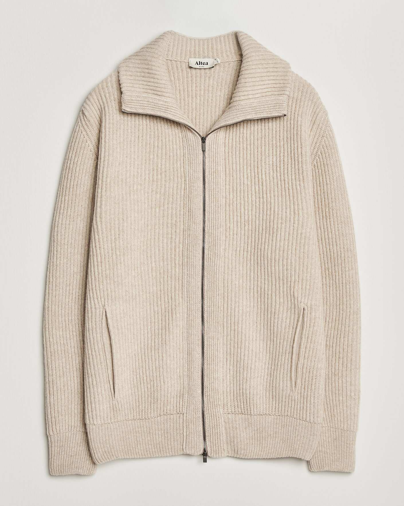 Heren | Truien | Altea | Rib Wool Bomber Cardigan Beige