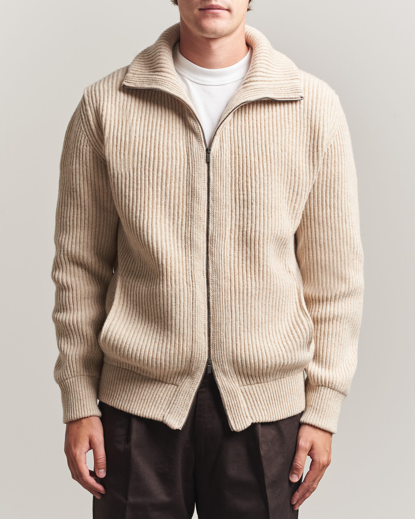 Heren | Truien | Altea | Rib Wool Bomber Cardigan Beige