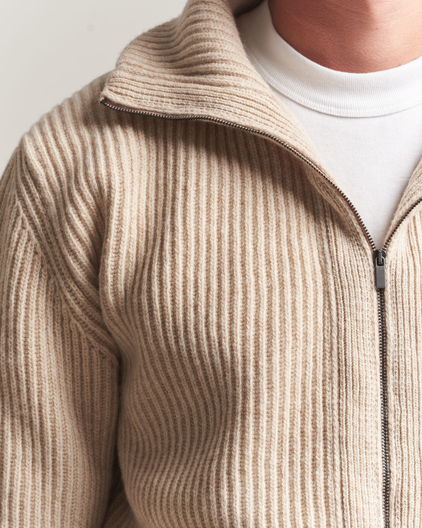 Heren | Truien | Altea | Rib Wool Bomber Cardigan Beige