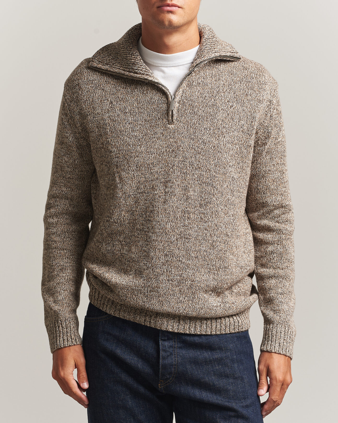Heren | Truien | KnowledgeCotton Apparel | Heavy Knitted Half Zip Brown