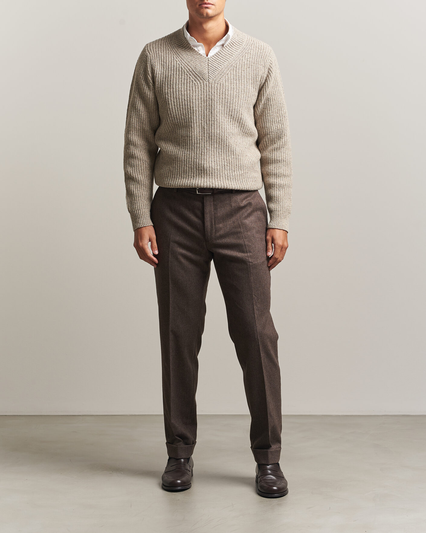 Heren | Truien | Morgano | Fisherman Ribb Donegal Knitted V-Neck Beige