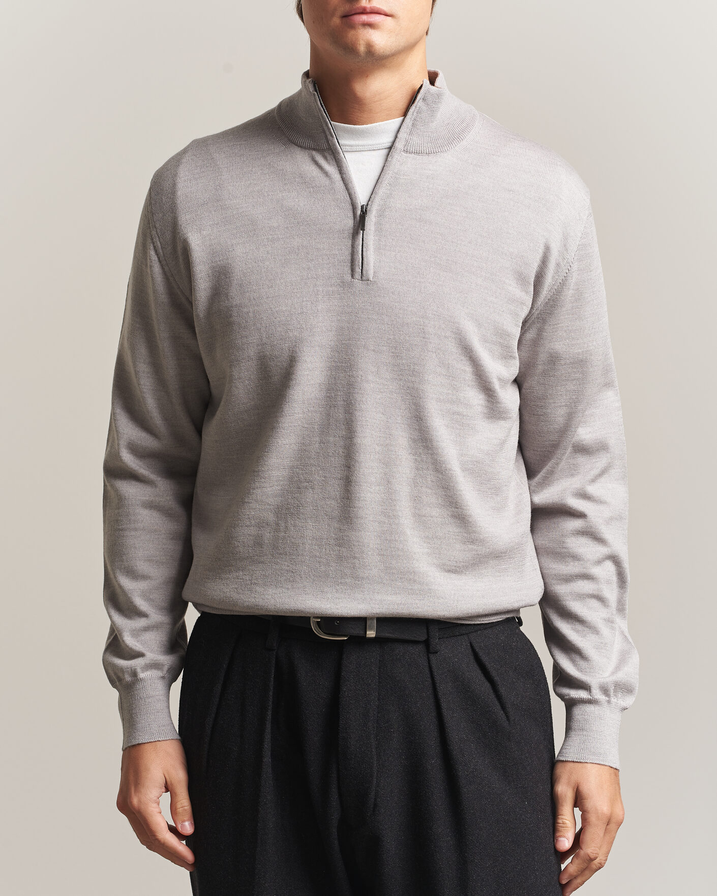 Heren | Truien | Morgano | Extra Fine Merino Wool Half-Zip Light Grey