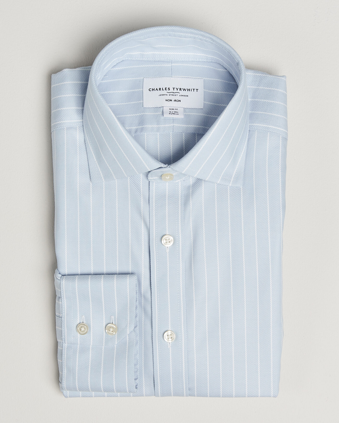 Heren | Overhemden | Charles Tyrwhitt | Slim Fit Non Iron Herringbone Stripe Shirt Light Blue