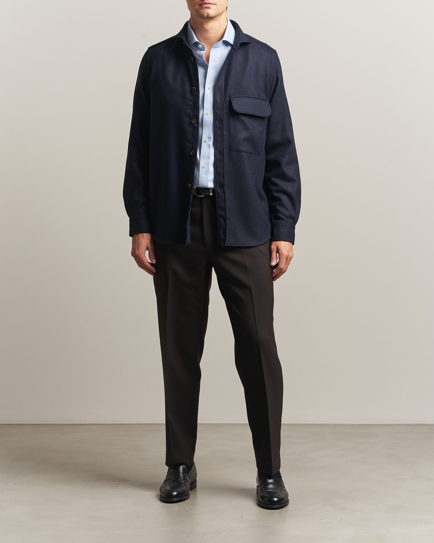 Heren | Overhemden | Finamore Napoli | Wool Herringbone Overshirt Navy