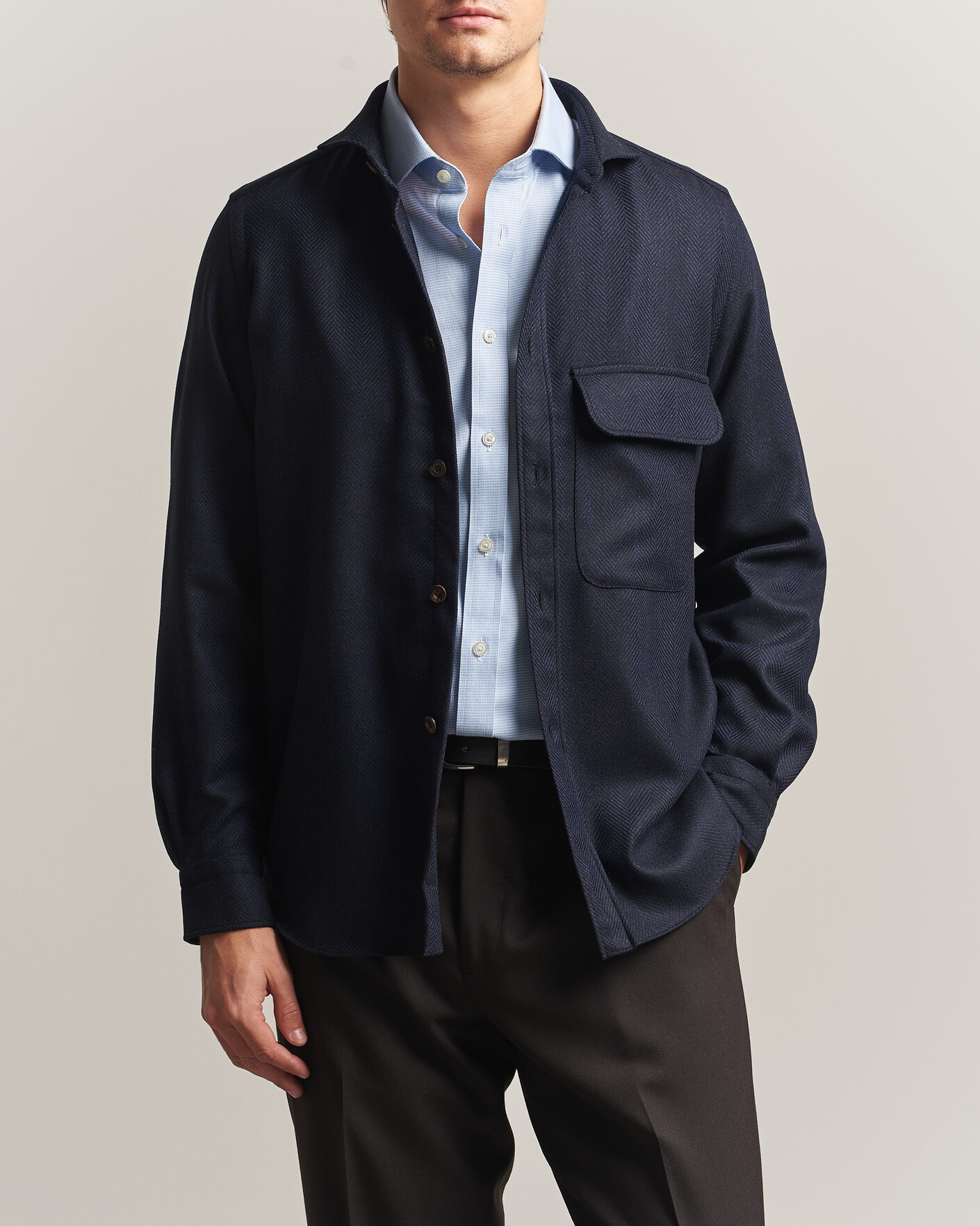 Heren | Overhemden | Finamore Napoli | Wool Herringbone Overshirt Navy
