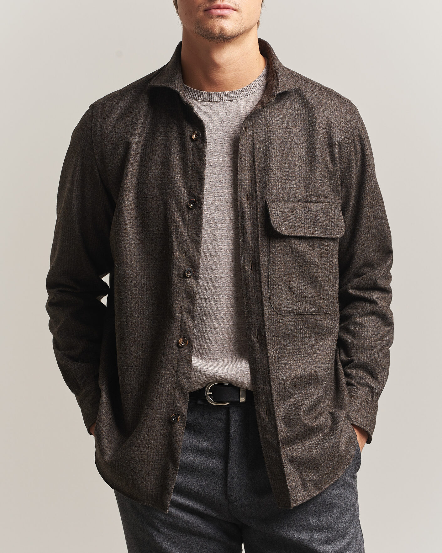 Heren | Overhemden | Finamore Napoli | Wool Houndstooth Overshirt Dark Brown