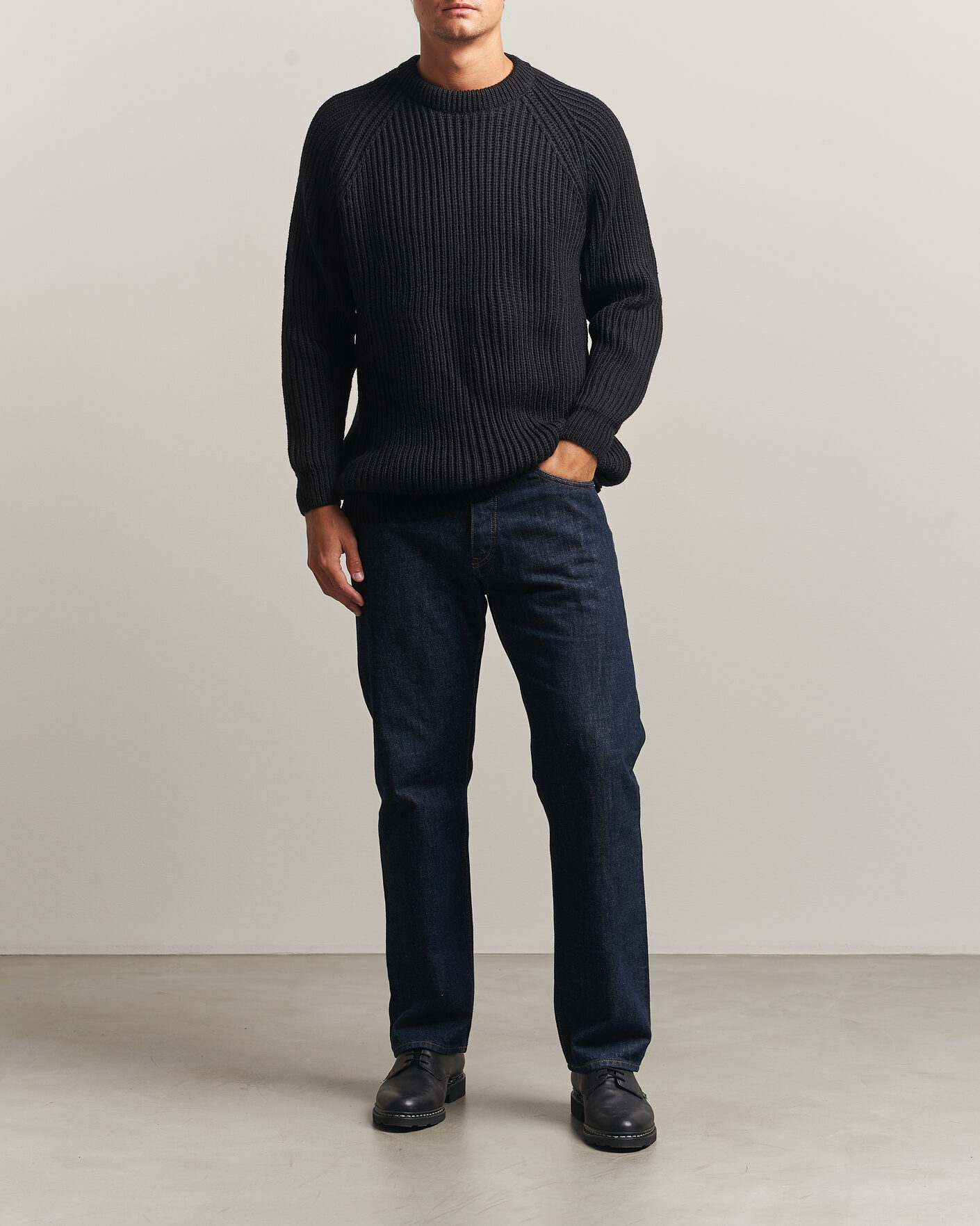 Heren | Truien | Gloverall | Fisherman Rib Chunky Wool Crew Neck Black