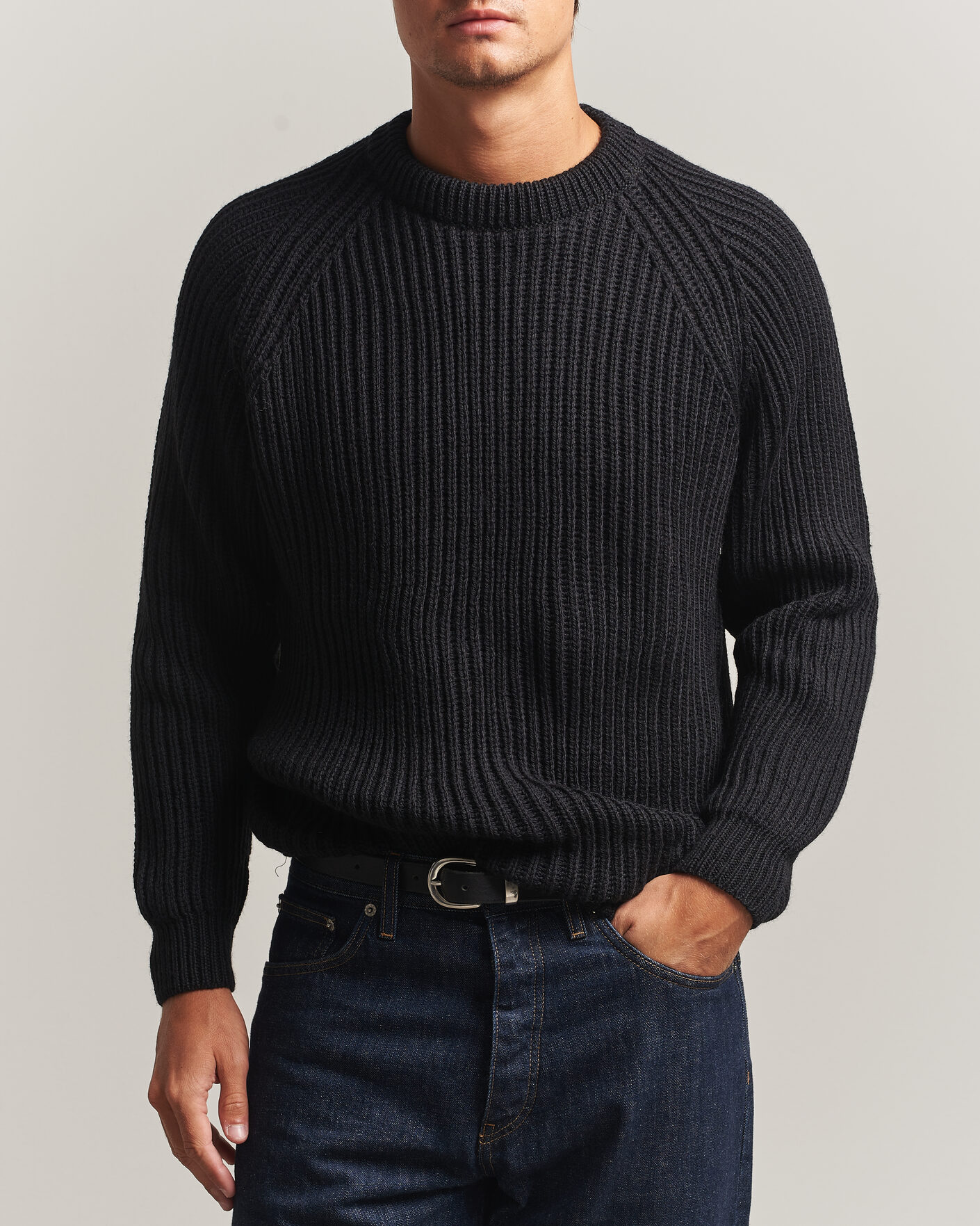 Heren | Truien | Gloverall | Fisherman Rib Chunky Wool Crew Neck Black