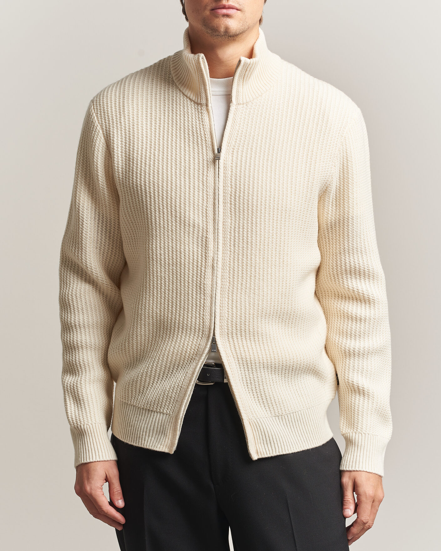 Heren | Truien | BOSS BLACK | Fiocco Wool/Cashmere Full Zip Open White