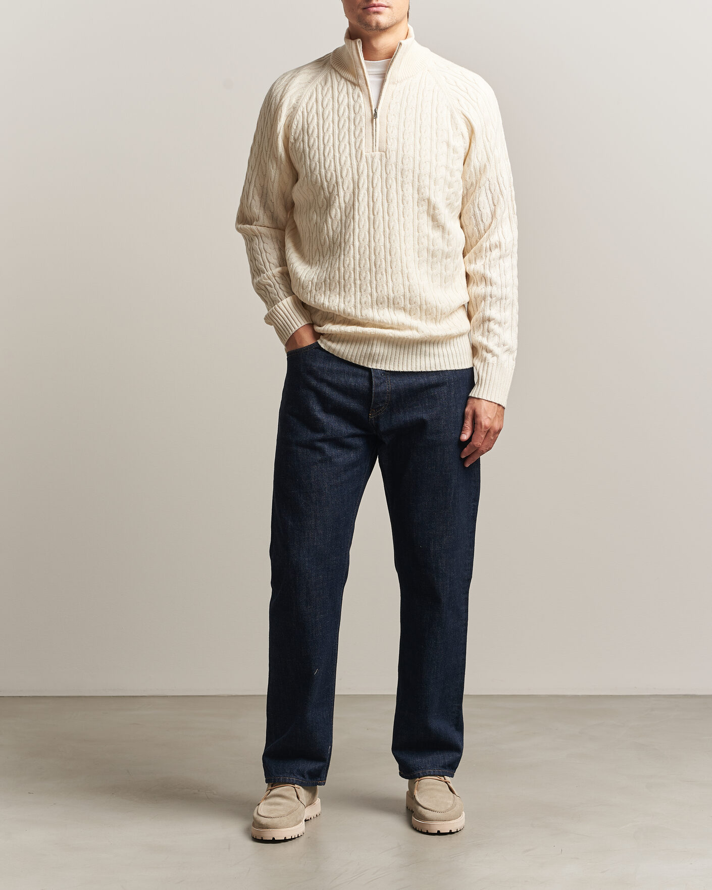Heren | Truien | BOSS BLACK | Furore Wool/Cashmere Cable Half Zip Open White