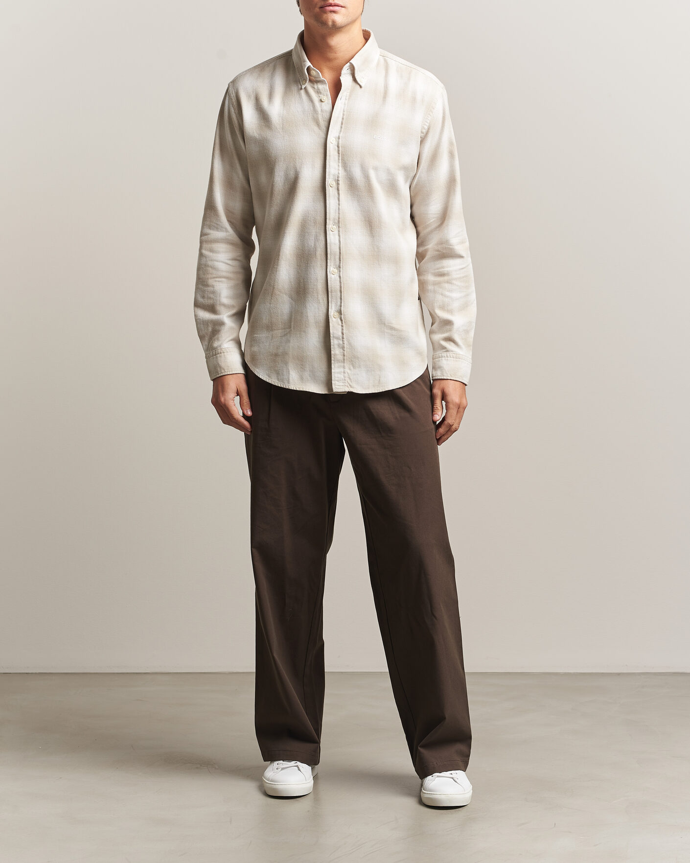 Heren | Overhemden | BOSS ORANGE | Rickert Brushed Cotton Checked Shirt Light Beige