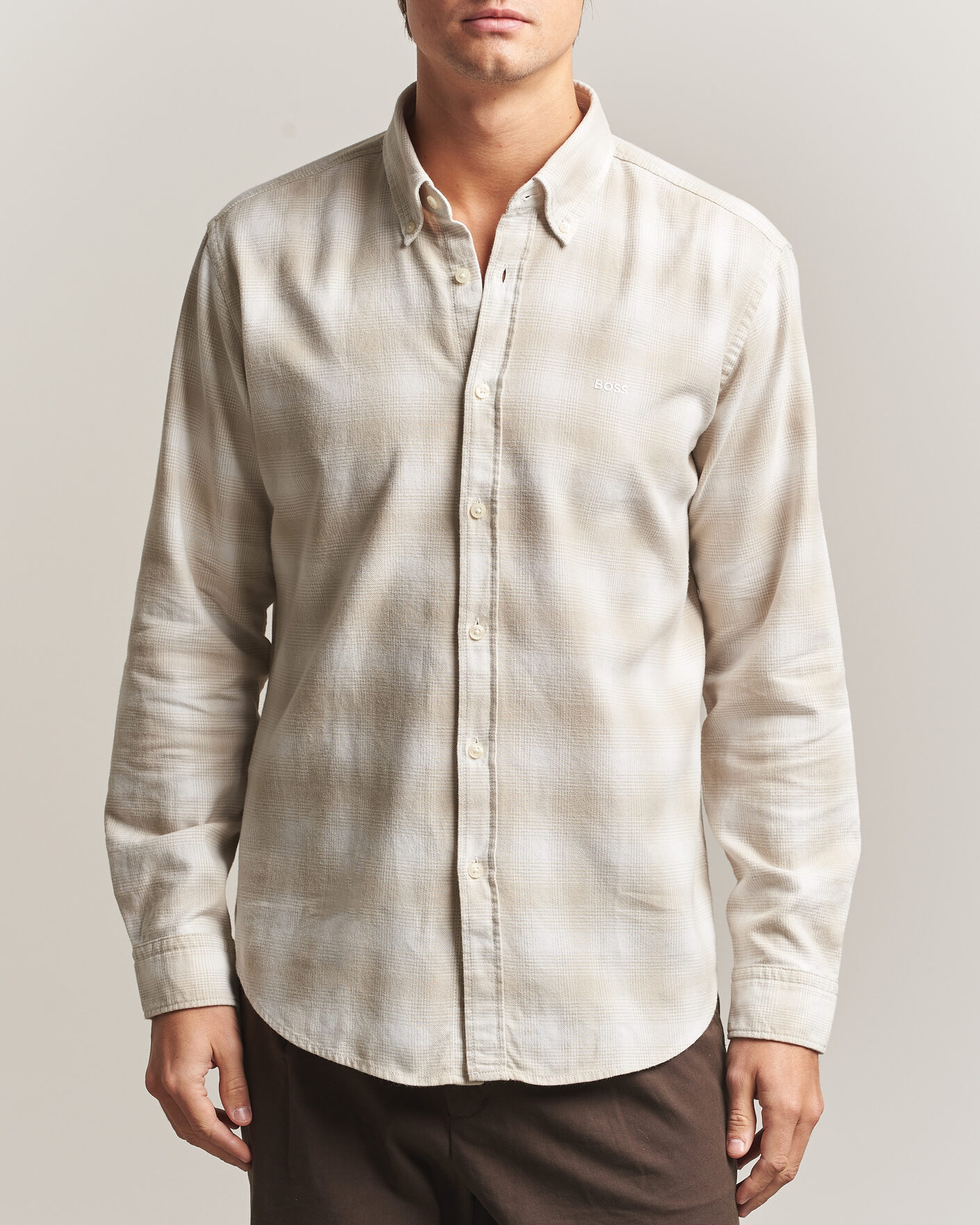 Heren | Overhemden | BOSS ORANGE | Rickert Brushed Cotton Checked Shirt Light Beige
