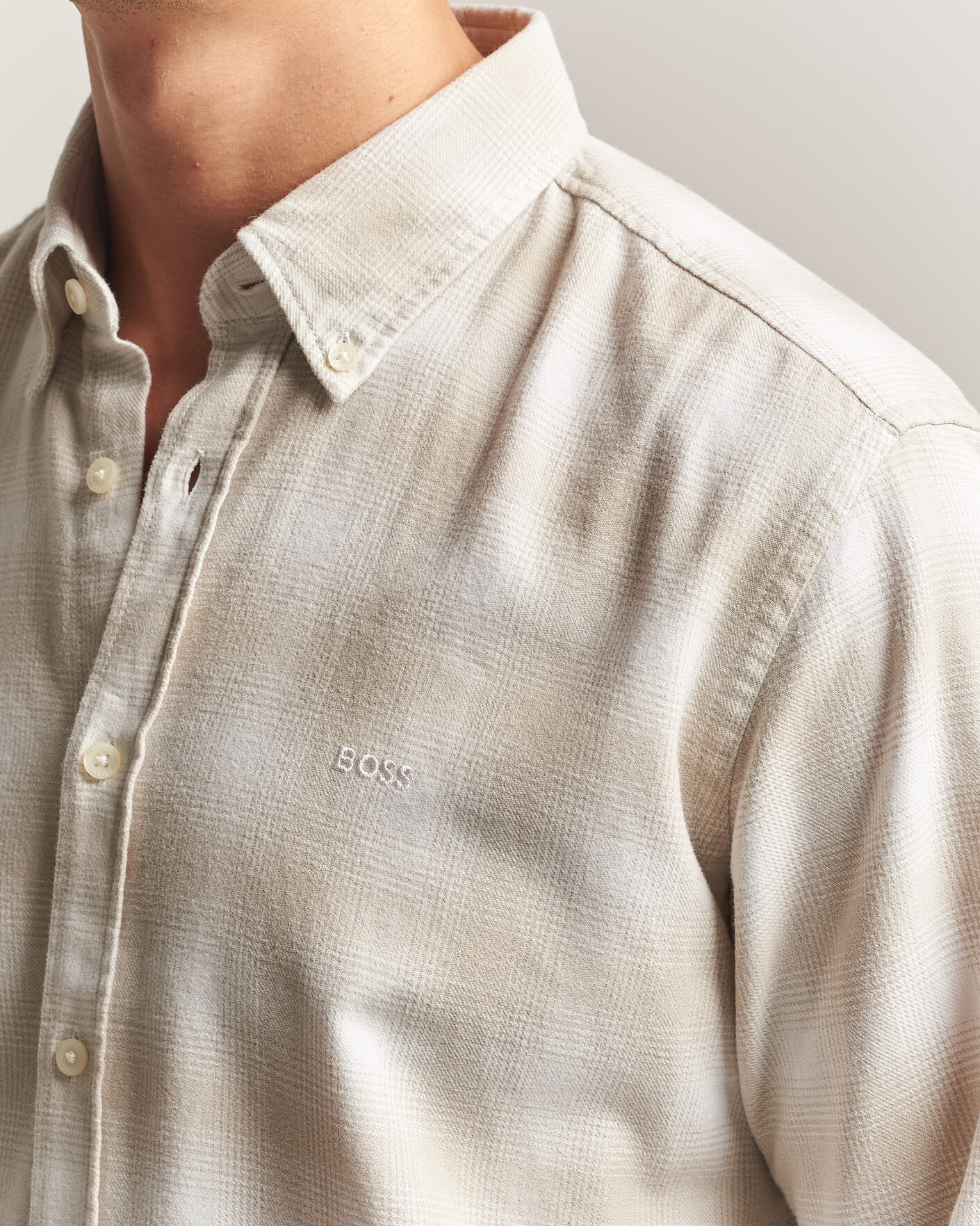 Heren | Overhemden | BOSS ORANGE | Rickert Brushed Cotton Checked Shirt Light Beige