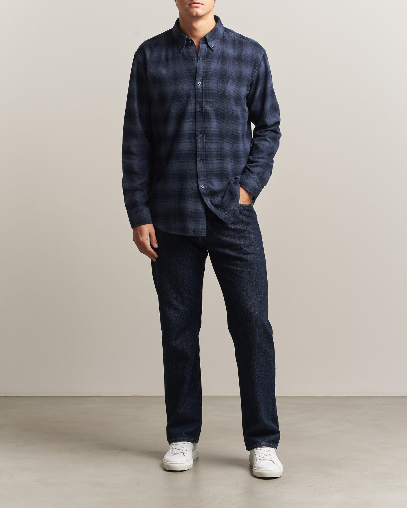 Heren | Overhemden | BOSS ORANGE | Rickert Brushed Cotton Checked Shirt Dark Blue