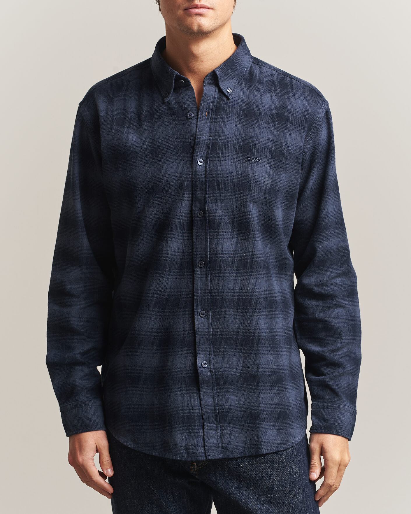 Heren | Overhemden | BOSS ORANGE | Rickert Brushed Cotton Checked Shirt Dark Blue
