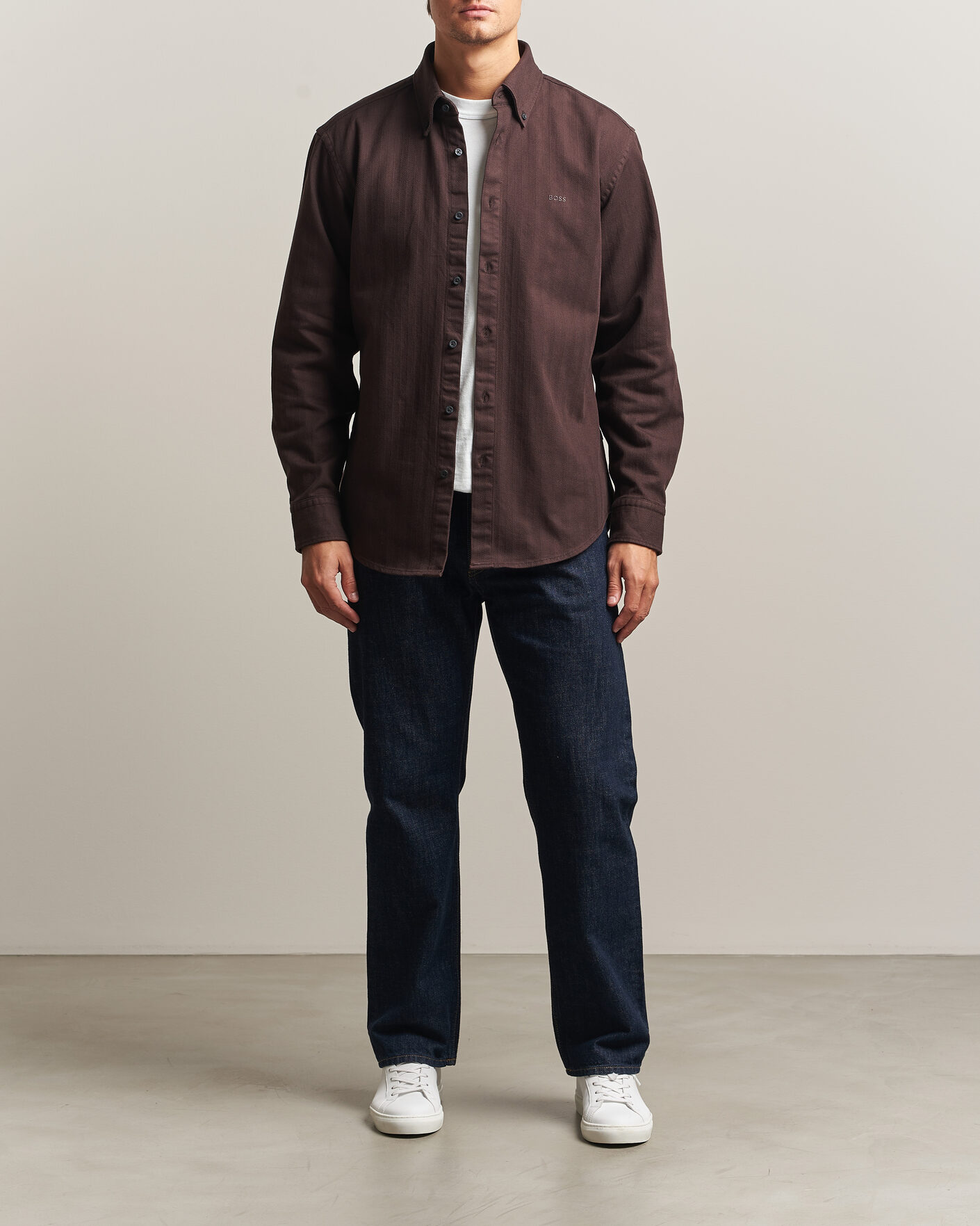 Heren | Overhemden | BOSS ORANGE | Ricopuls Brushed Herringbone Shirt Dark Brown
