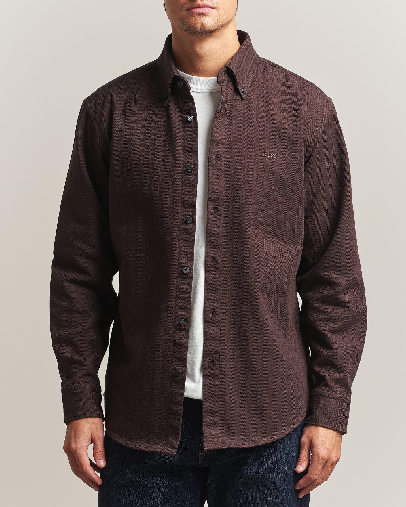 Heren | Overhemden | BOSS ORANGE | Ricopuls Brushed Herringbone Shirt Dark Brown