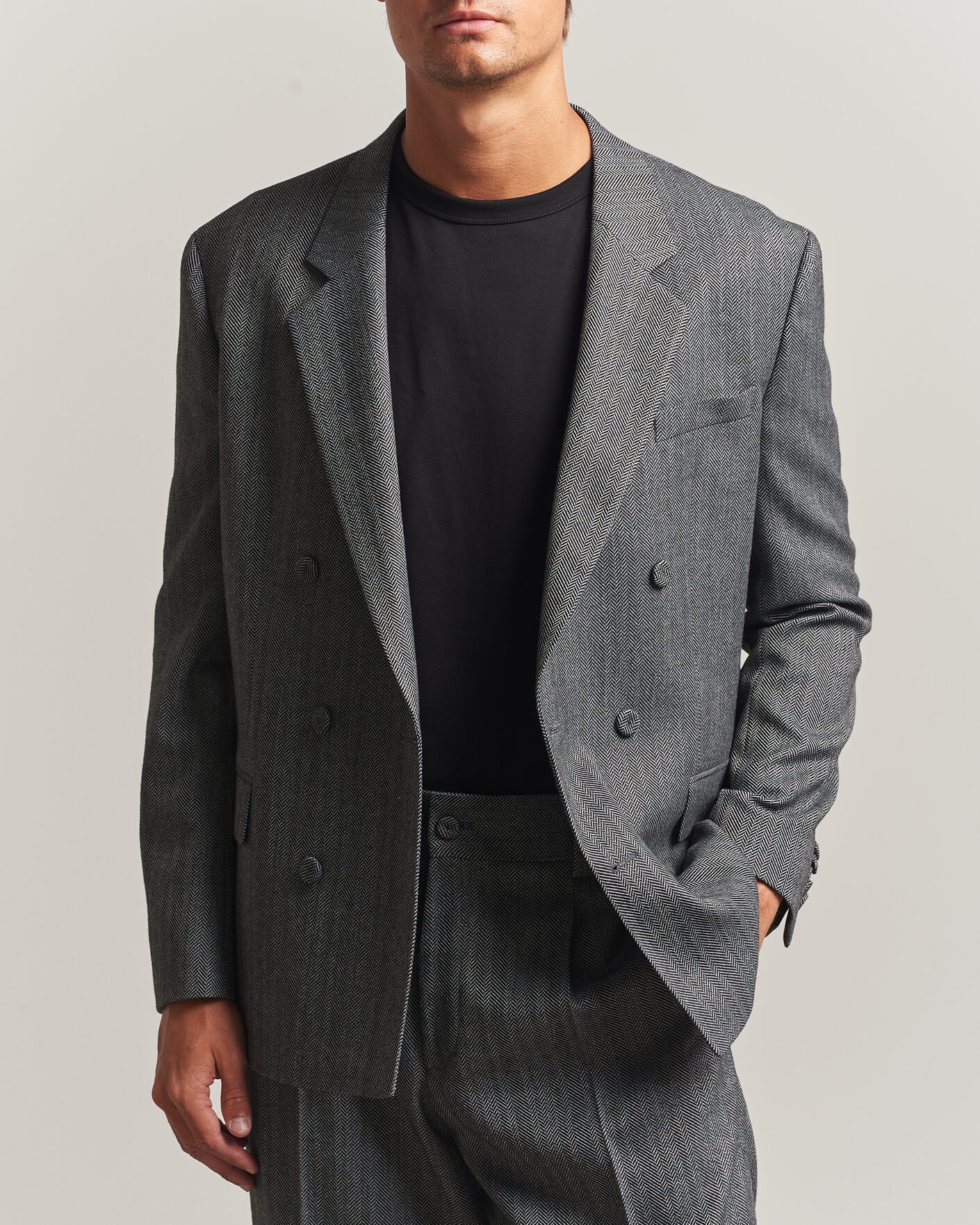 Heren | Blazers | HUGO | Karlo Herringbone Double Breasted Blazer Dark Grey