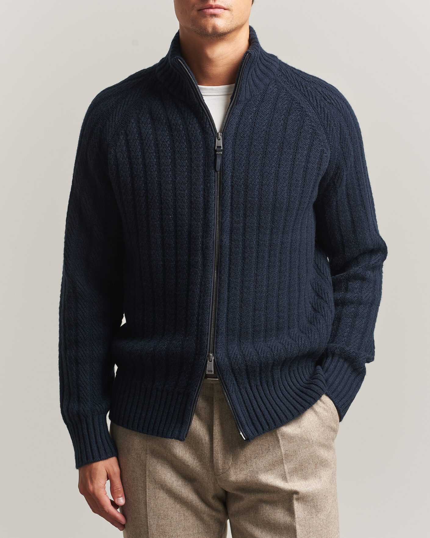 Heren | Truien | BOSS CAMEL | Filane Wool Knitted Full Zip Dark Blue