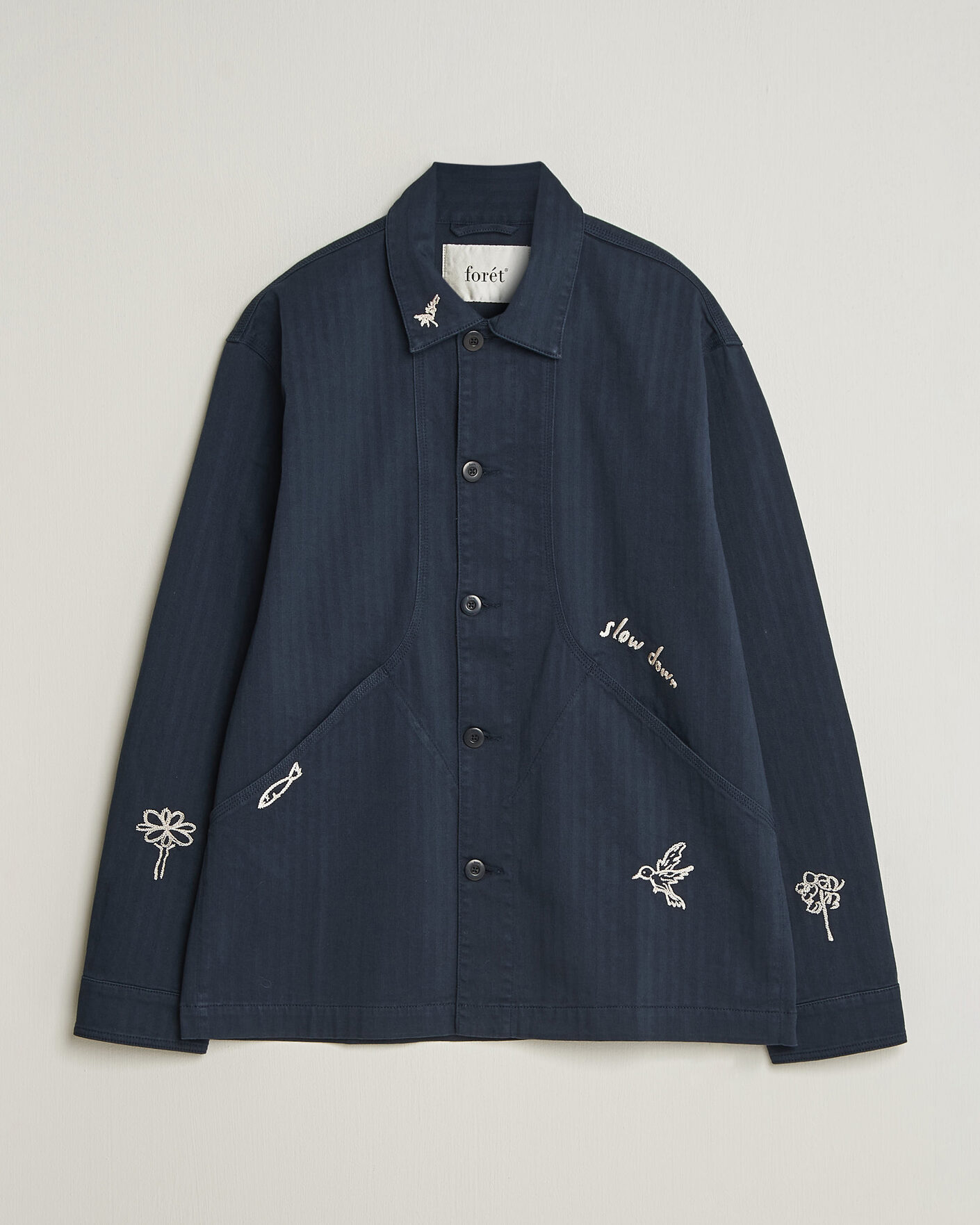 Heren | Overhemden | Forét | Berry Herringbone Embroidery Overshirt Navy