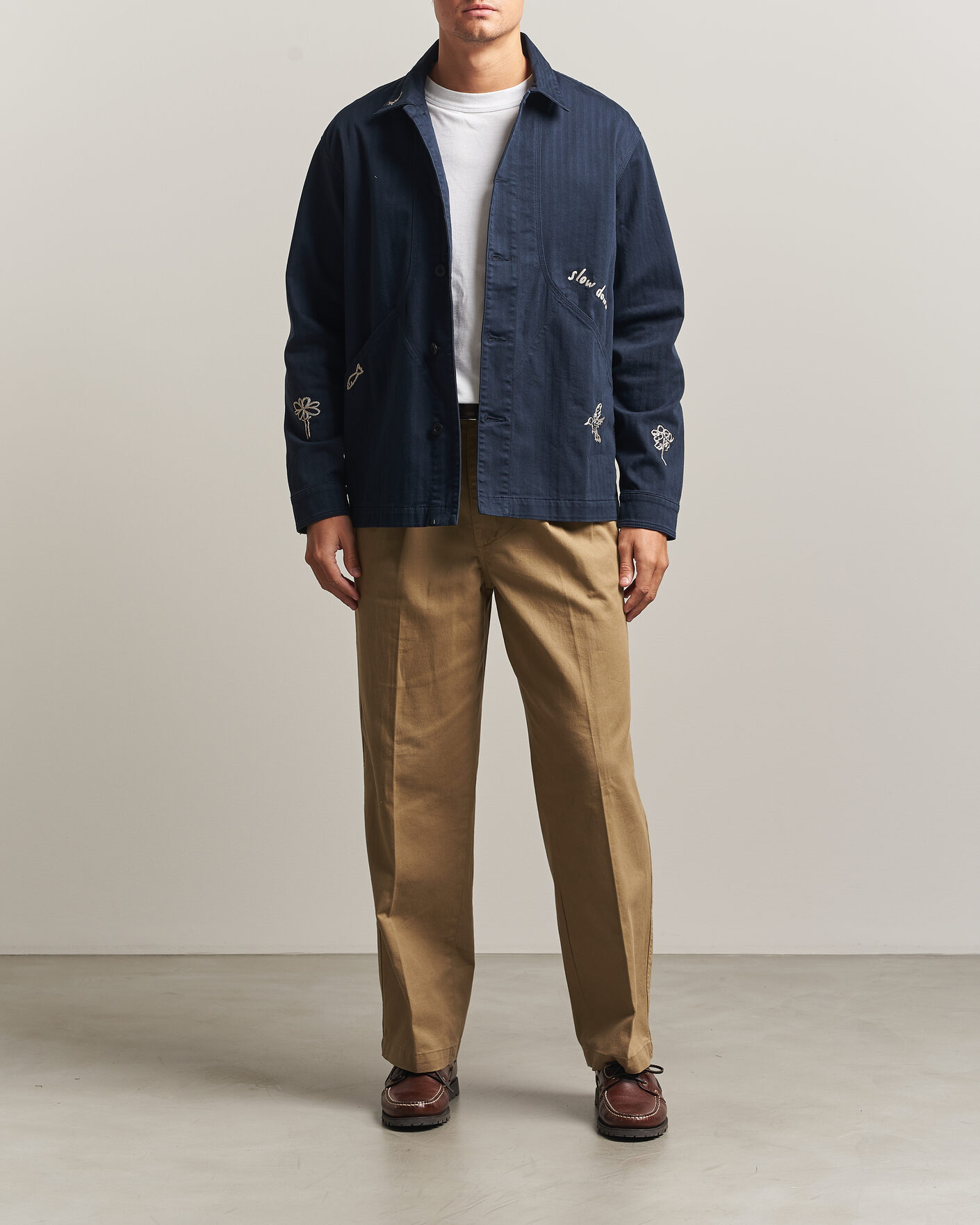 Heren | Overhemden | Forét | Berry Herringbone Embroidery Overshirt Navy
