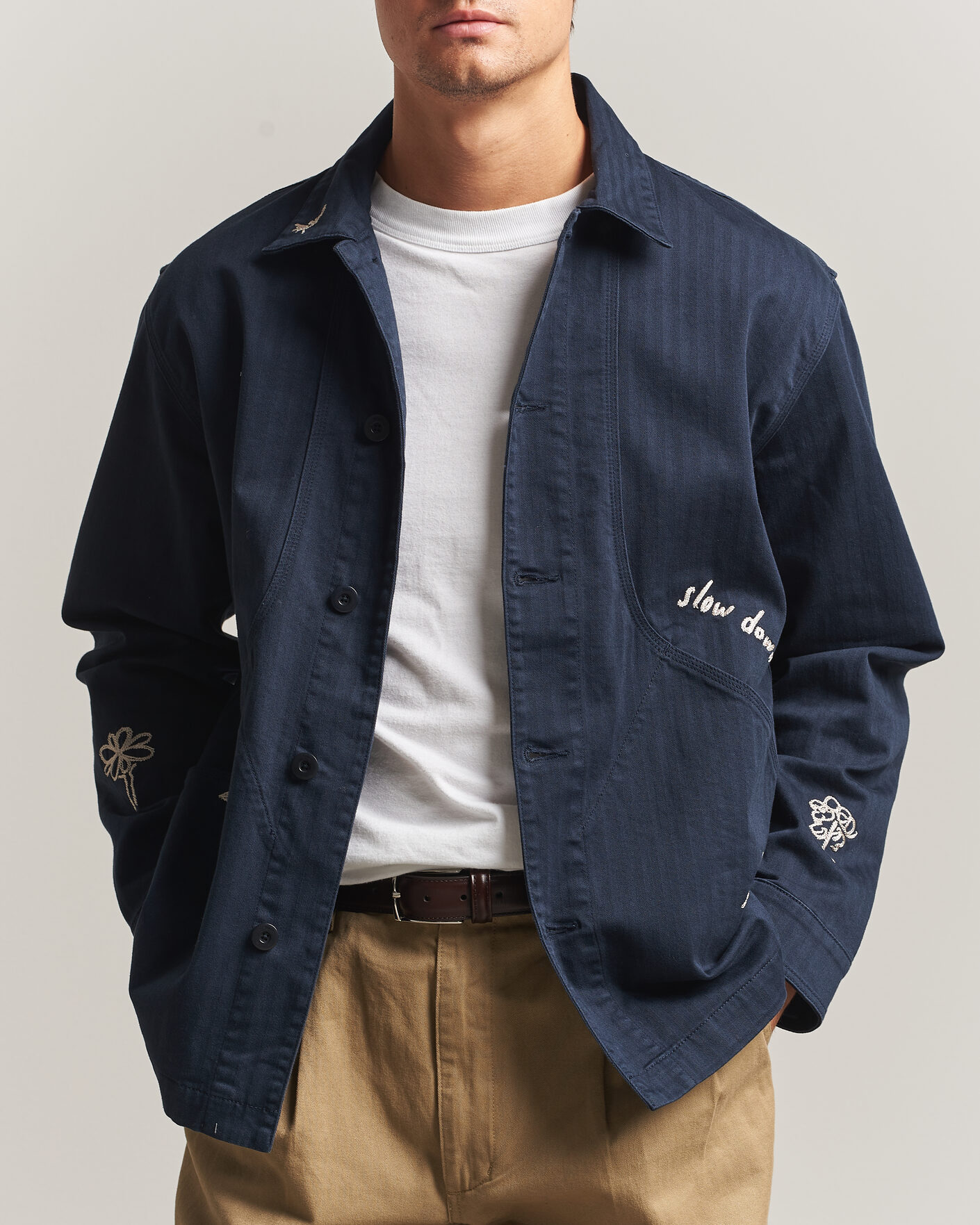 Heren | Overhemden | Forét | Berry Herringbone Embroidery Overshirt Navy