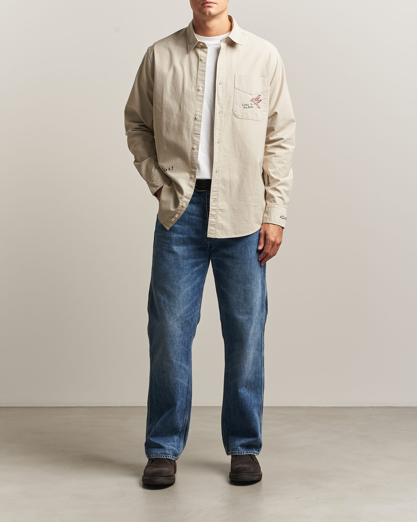 Heren | Overhemden | Forét | Maple Embroidery Oxford Shirt Oat