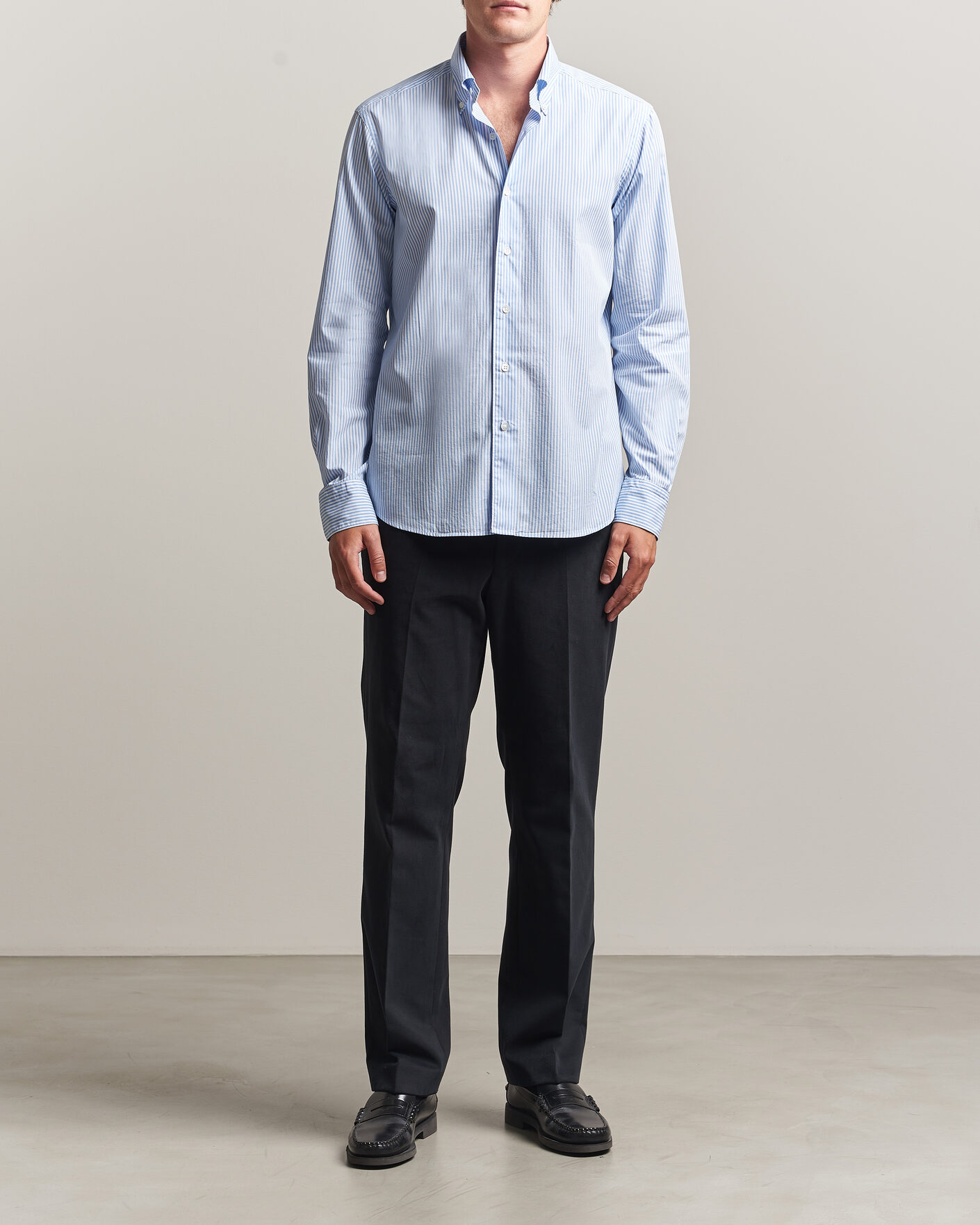 Heren | Overhemden | Grigio | Popeline Button Down Shirt Light Blue Stripe