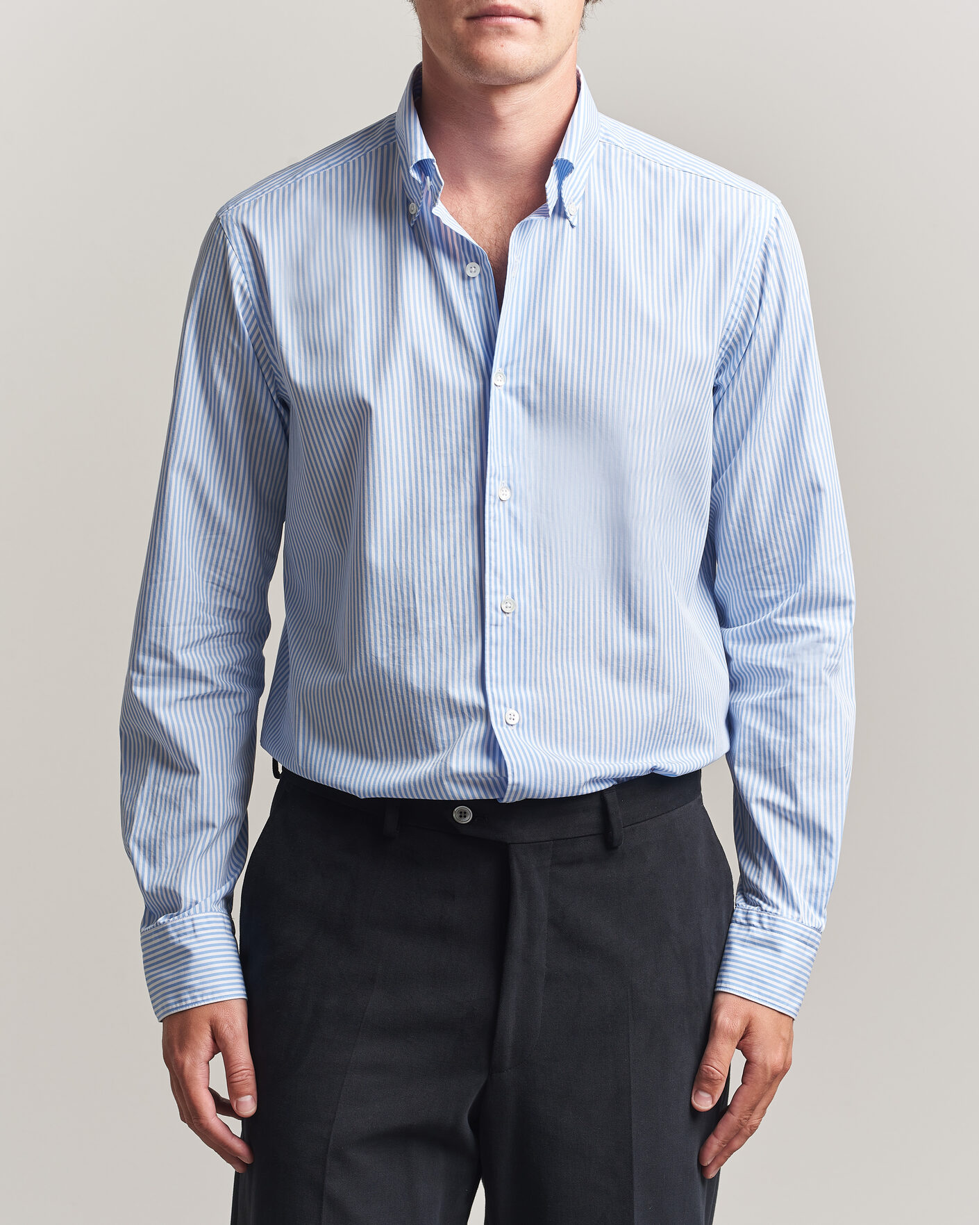 Heren | Overhemden | Grigio | Popeline Button Down Shirt Light Blue Stripe