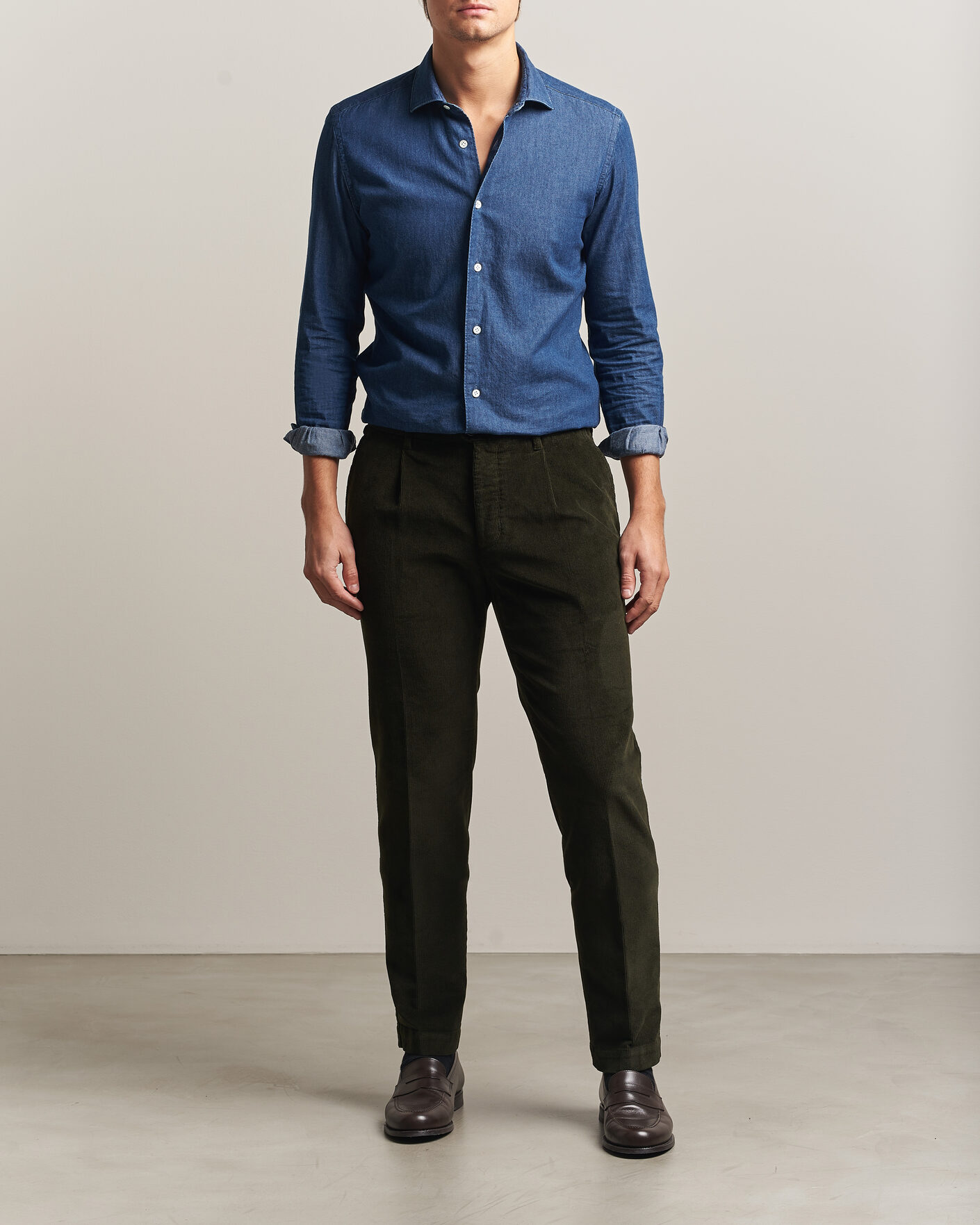 Heren | Broeken | Incotex | Regular Fit Washed Corduroy Slacks Forest Green