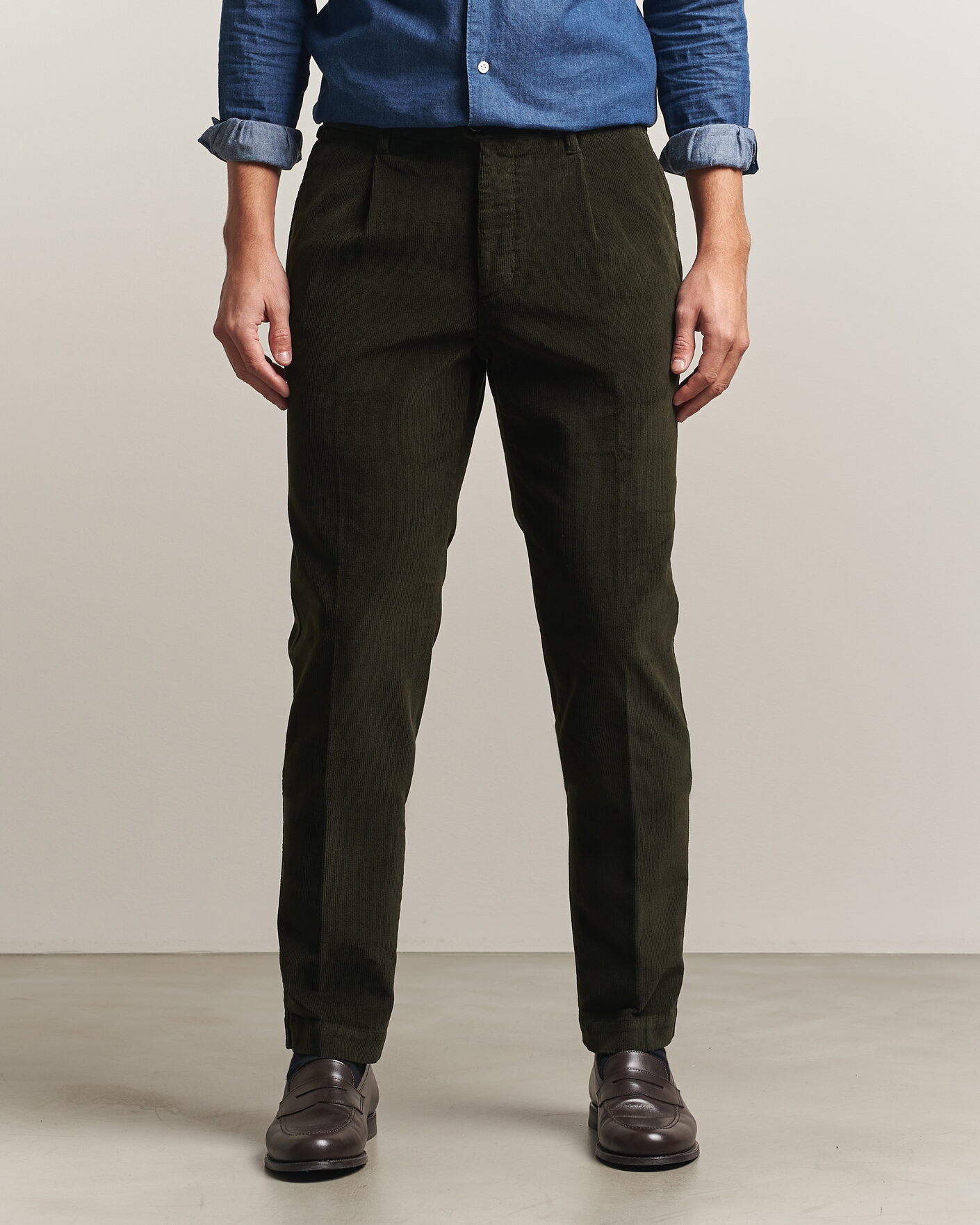 Heren | Broeken | Incotex | Regular Fit Washed Corduroy Slacks Forest Green