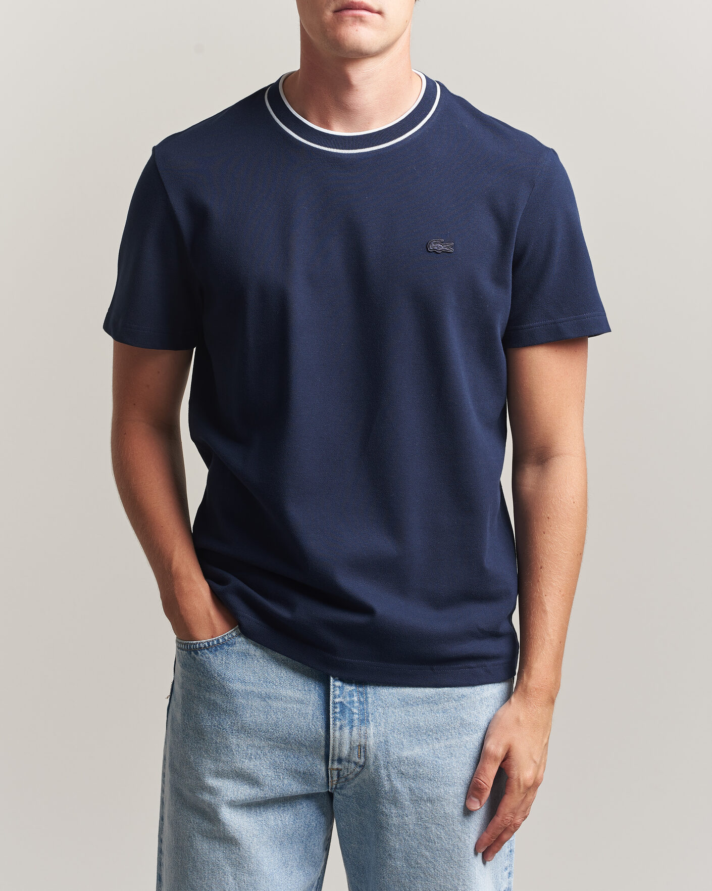 Heren | T-shirts | Lacoste | Contrast Rib Piqué T-Shirt Navy Blue