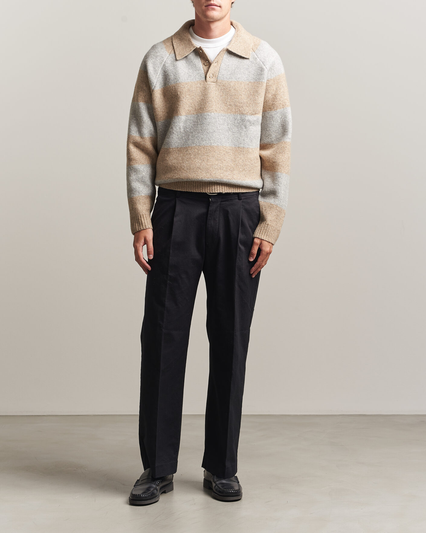 Heren | Truien | LES DEUX | Striped Melange Knit Polo Light Sand Melange