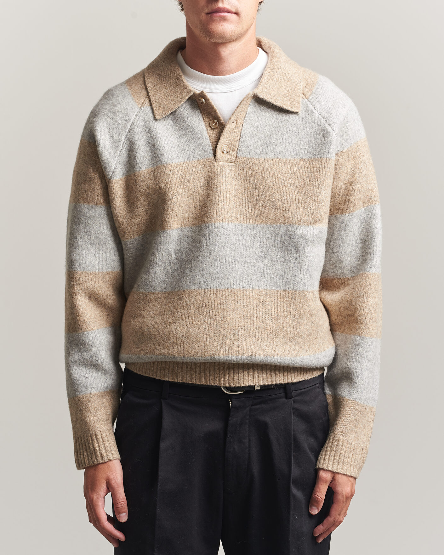 Heren | Truien | LES DEUX | Striped Melange Knit Polo Light Sand Melange