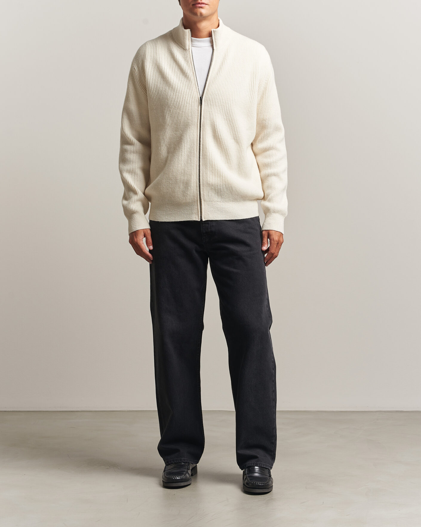 Heren | Truien | LES DEUX | Wool Rib Zipper Knit Ivory Melange