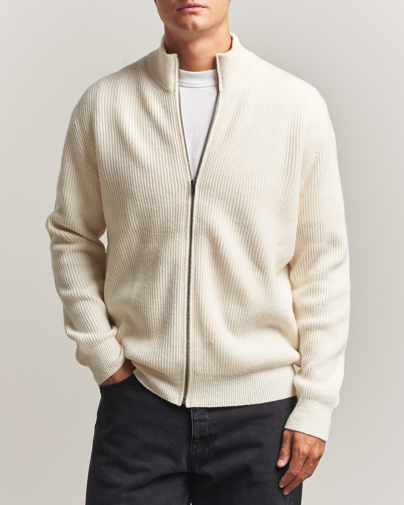 Heren | Truien | LES DEUX | Wool Rib Zipper Knit Ivory Melange