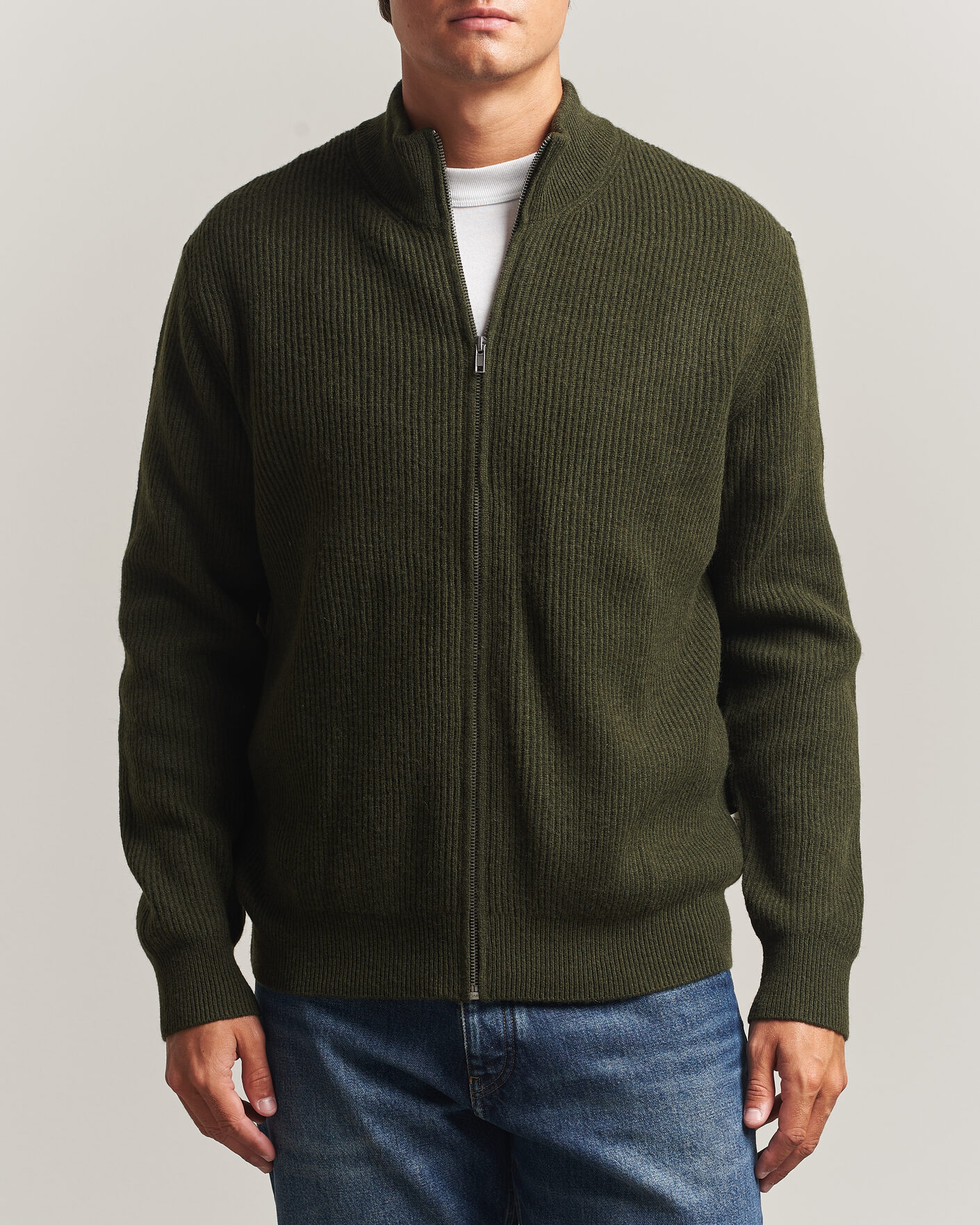 Heren | Truien | LES DEUX | Wool Rib Knitter Zip Rosin Green
