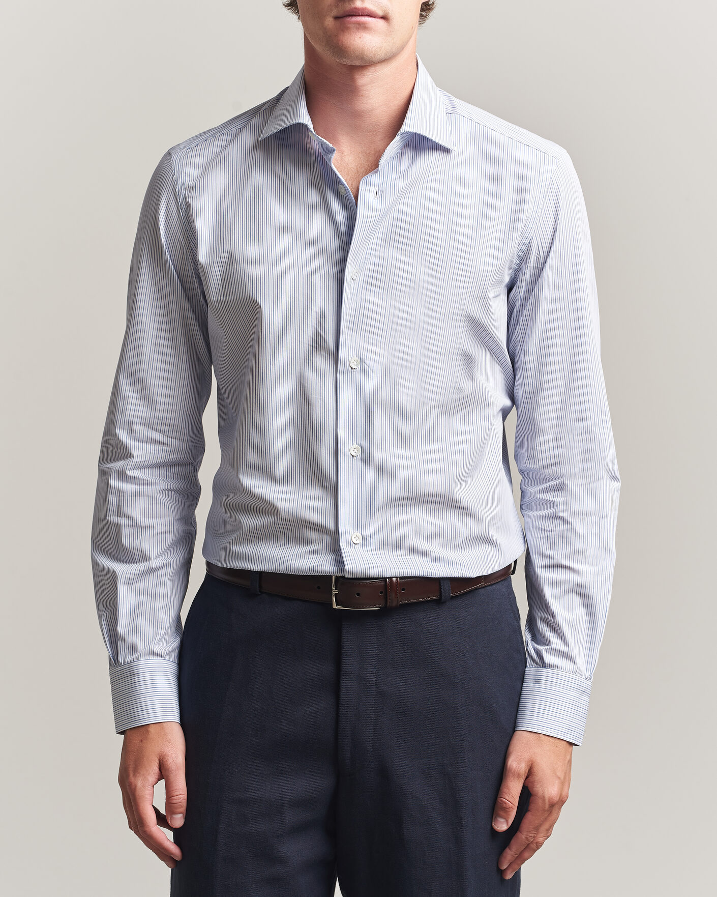 Heren | Overhemden | Mazzarelli | Soft Cotton Popeline Shirt Blue Stripe