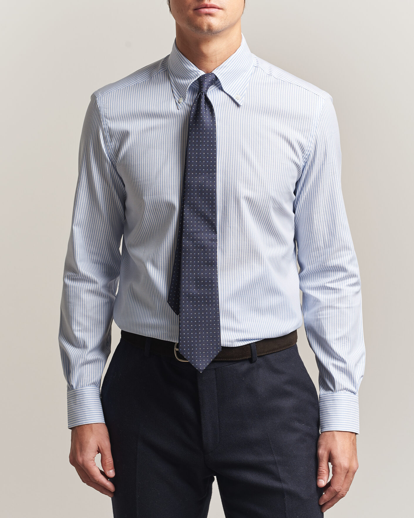 Heren | Overhemden | Mazzarelli | Soft Oxford Button Down Shirt Light Blue Stripe
