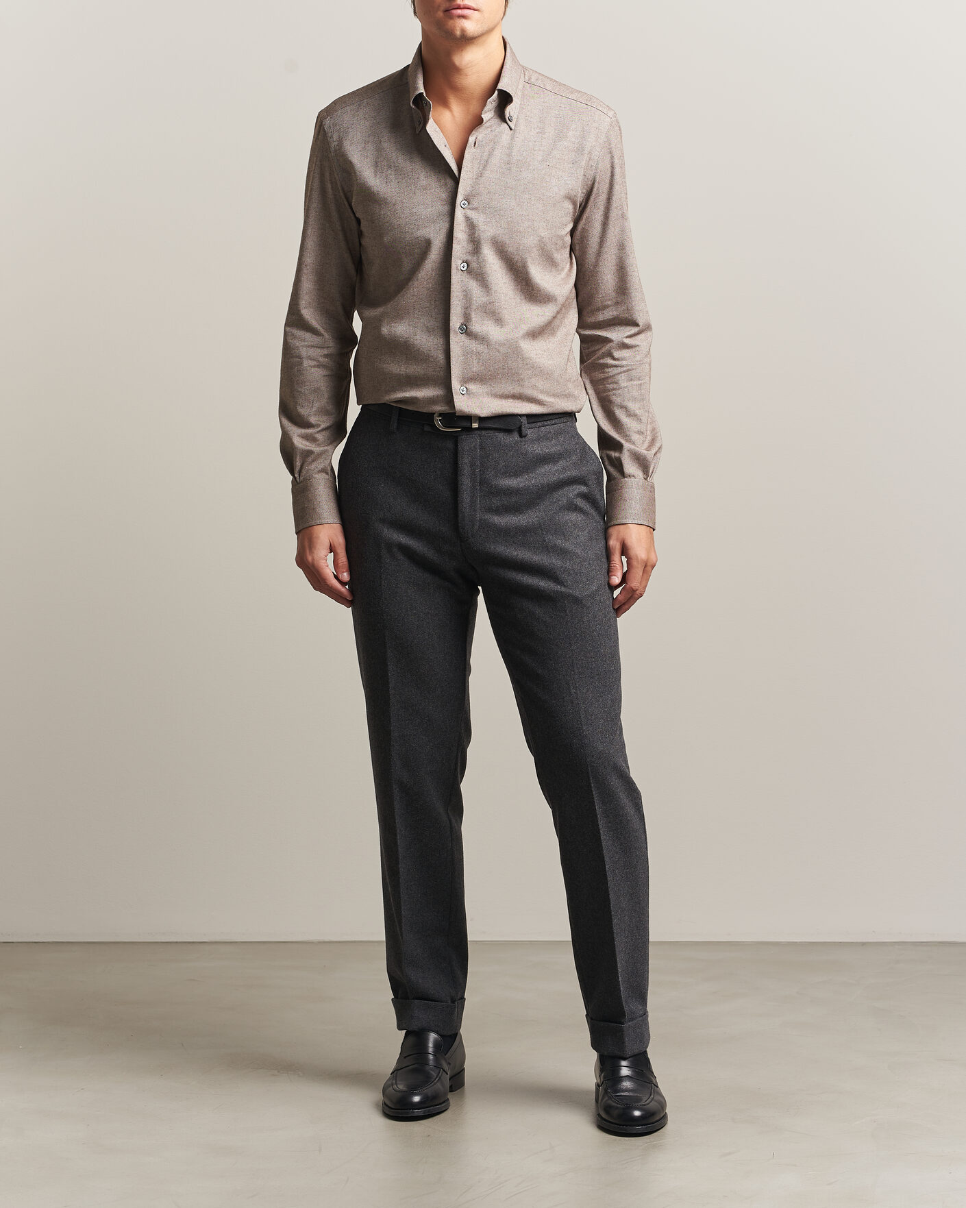 Heren | Overhemden | Mazzarelli | Soft Flannel Button Down Shirt Taupe