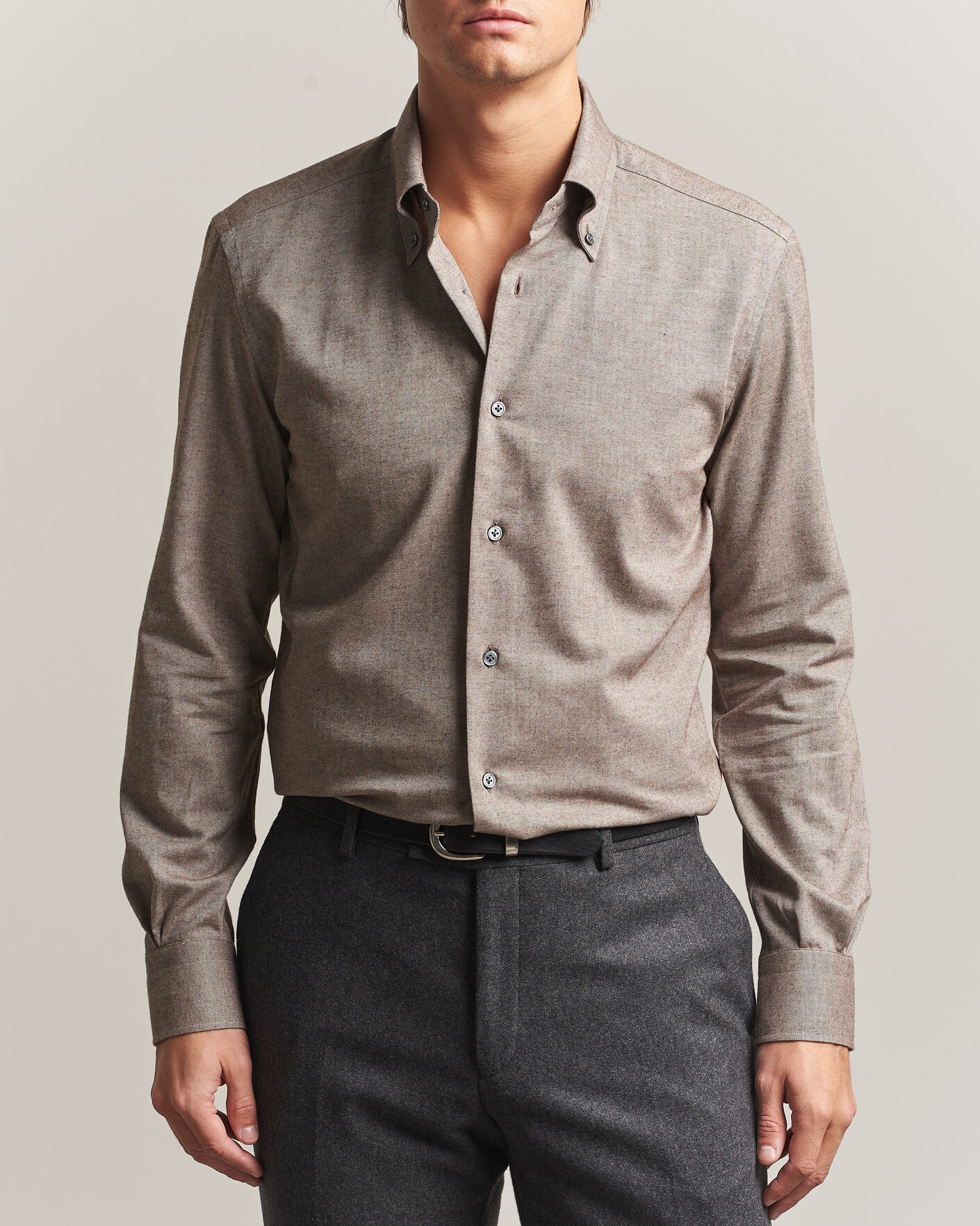 Heren | Overhemden | Mazzarelli | Soft Flannel Button Down Shirt Taupe