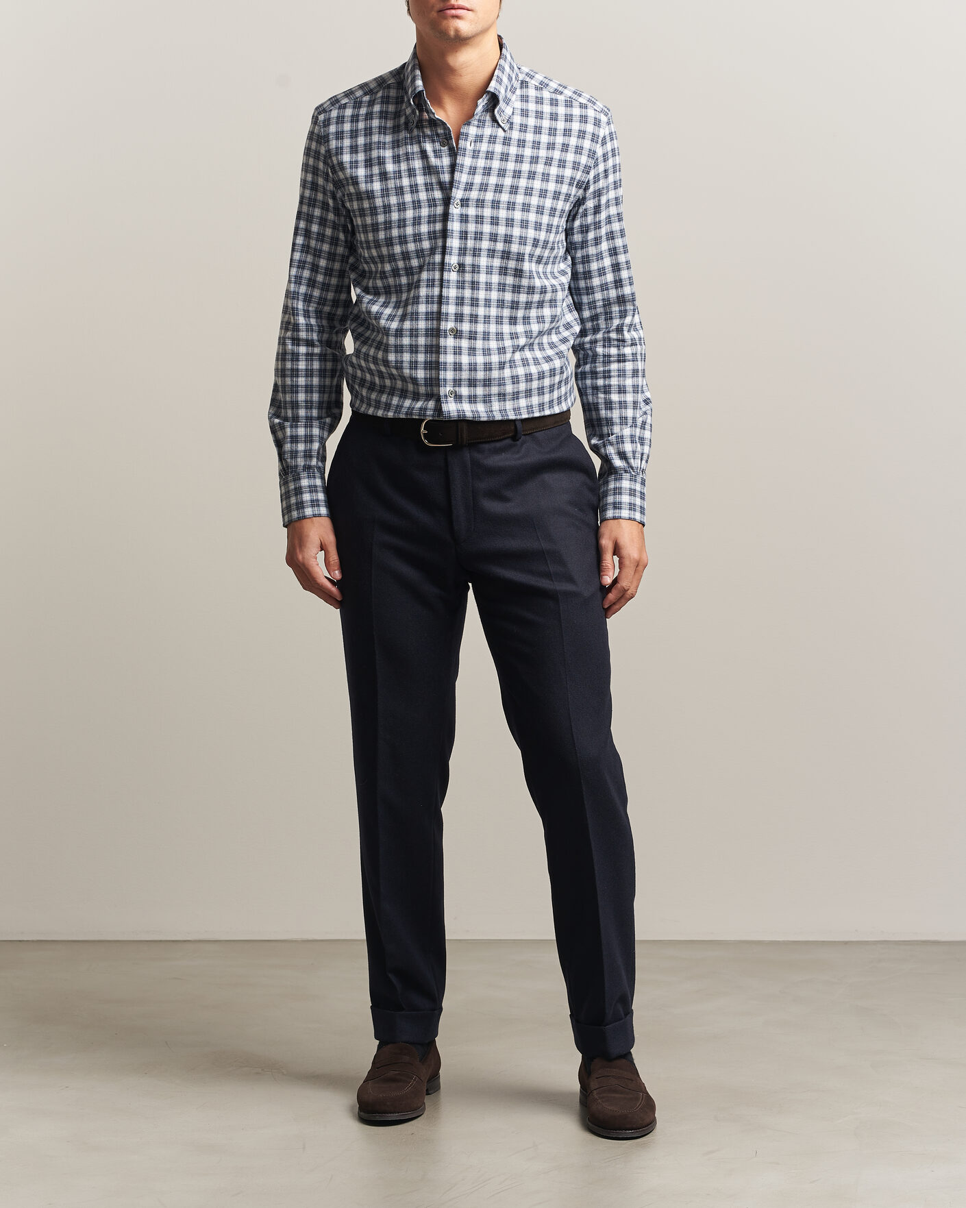 Heren | Overhemden | Mazzarelli | Soft Flannel Button Down Shirt Navy