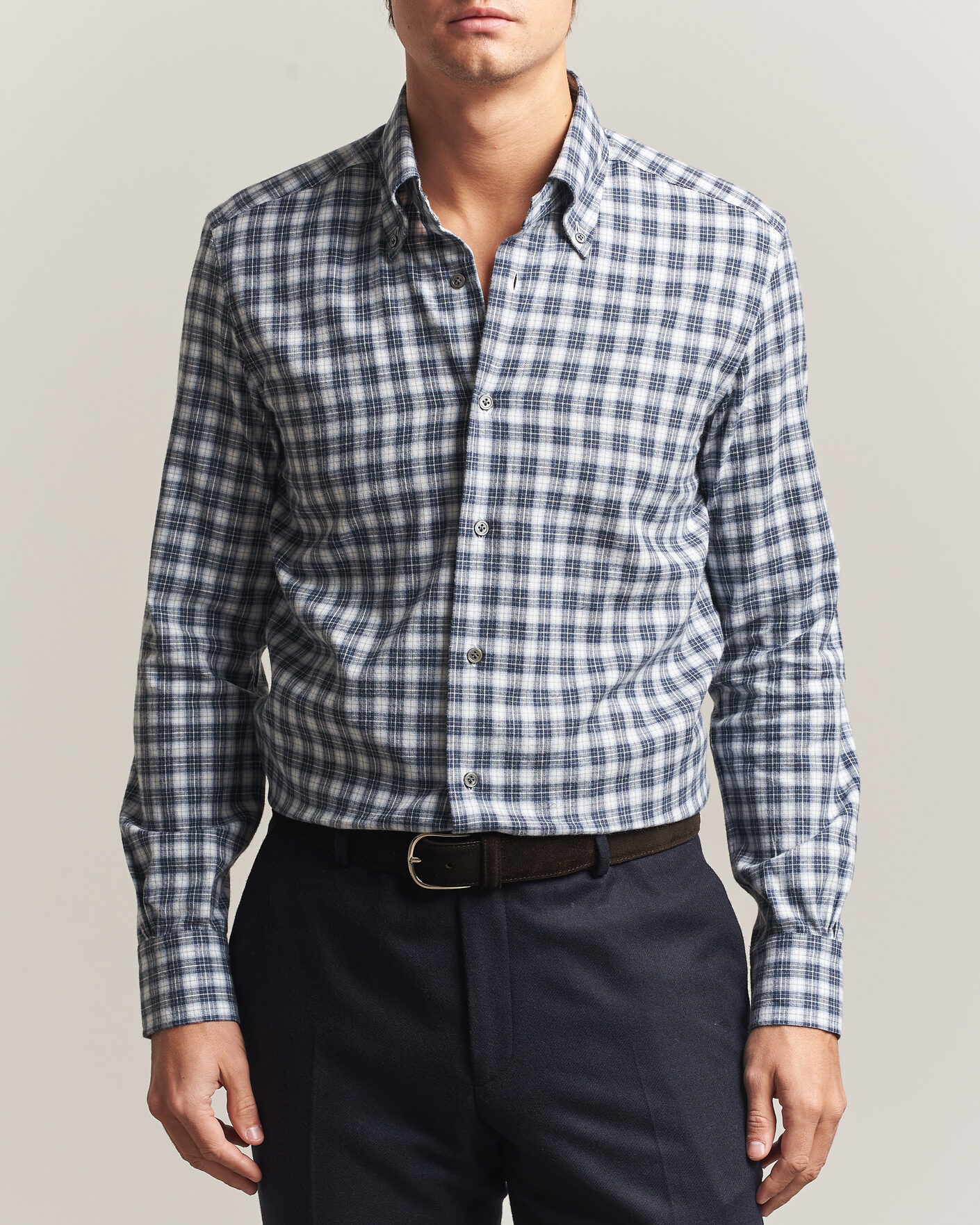 Heren | Overhemden | Mazzarelli | Soft Flannel Button Down Shirt Navy