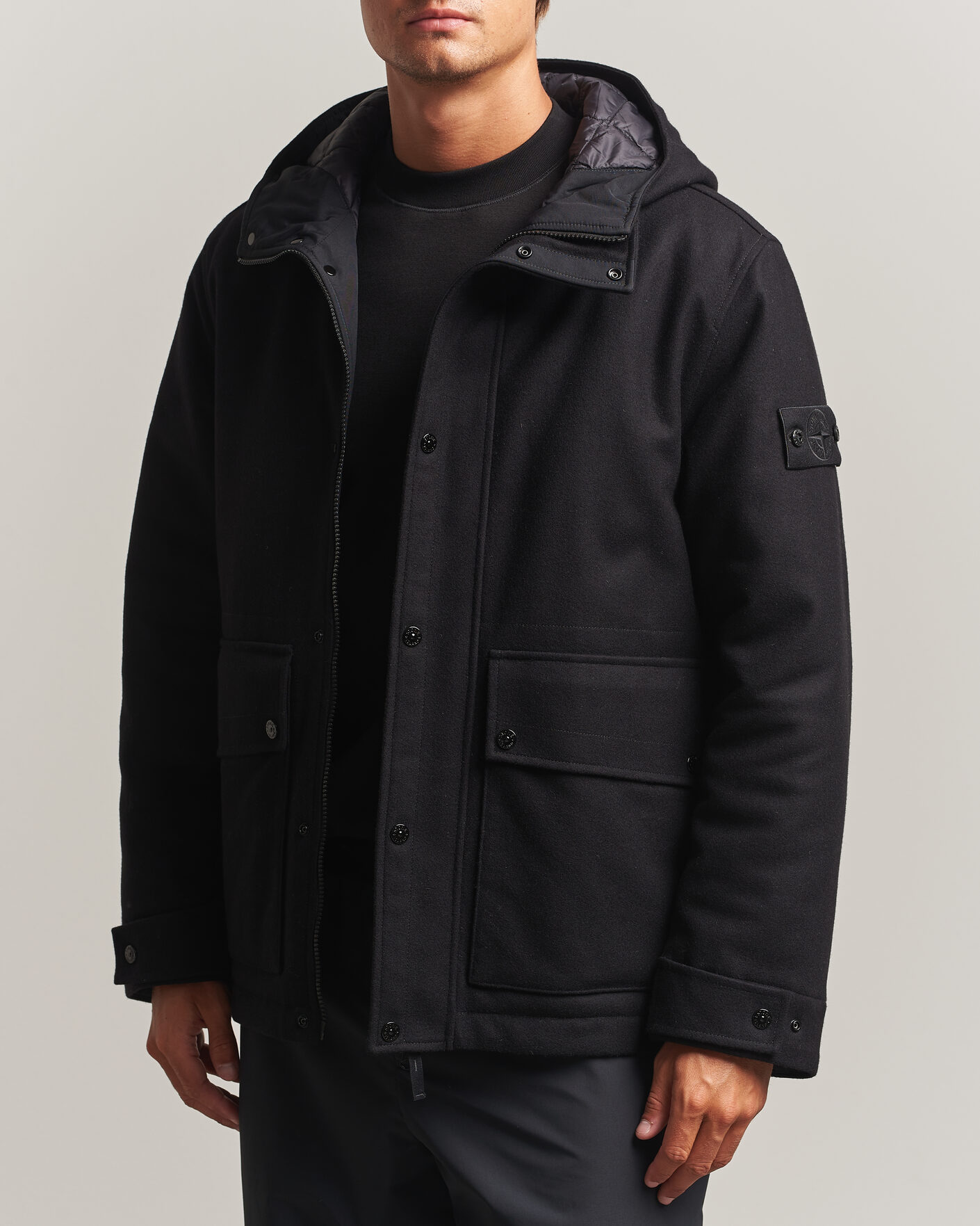 Heren | Jassen | Stone Island | Ghost Wool/Nylon Flannel Short Parka Black