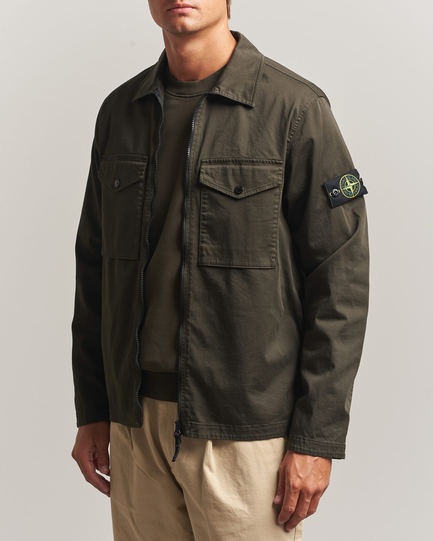 Heren | Overhemden | Stone Island | Organic Cotton Satin Stretch Zip Overshirt Grey