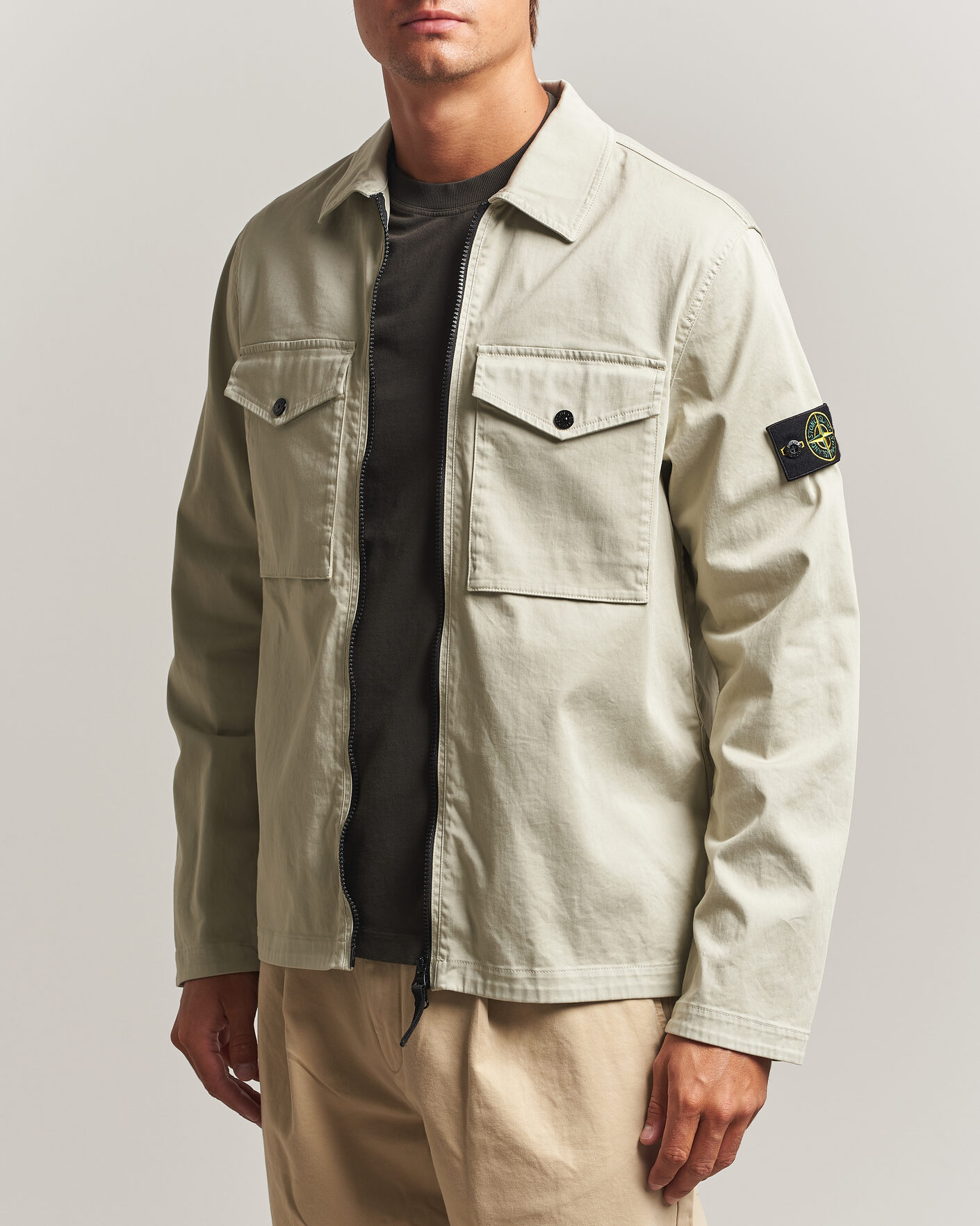 Heren | Overhemden | Stone Island | Organic Cotton Satin Stretch Zip Overshirt Sand