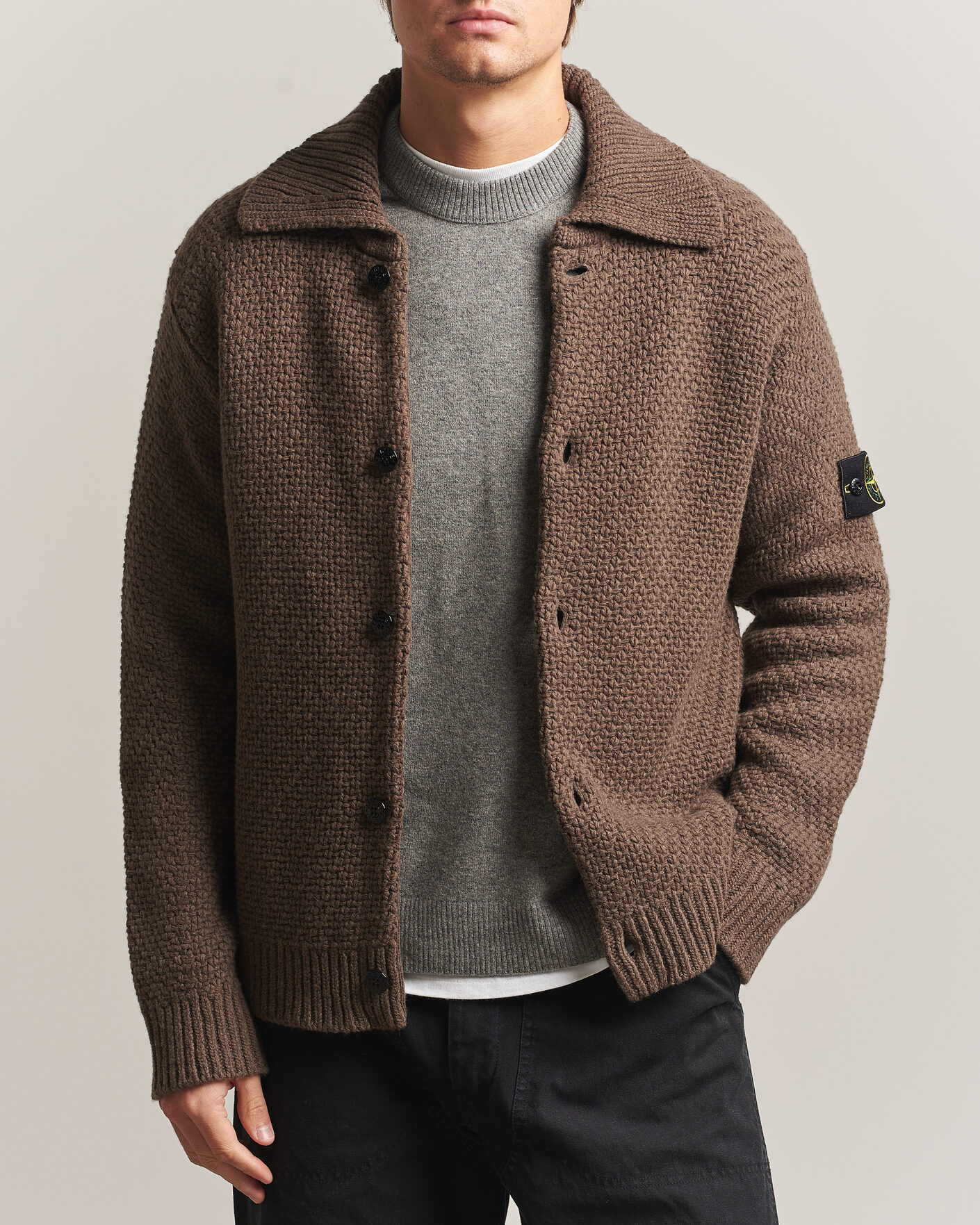 Heren | Truien | Stone Island | Basket Stitch Lambswool Cardigan Umber Melange