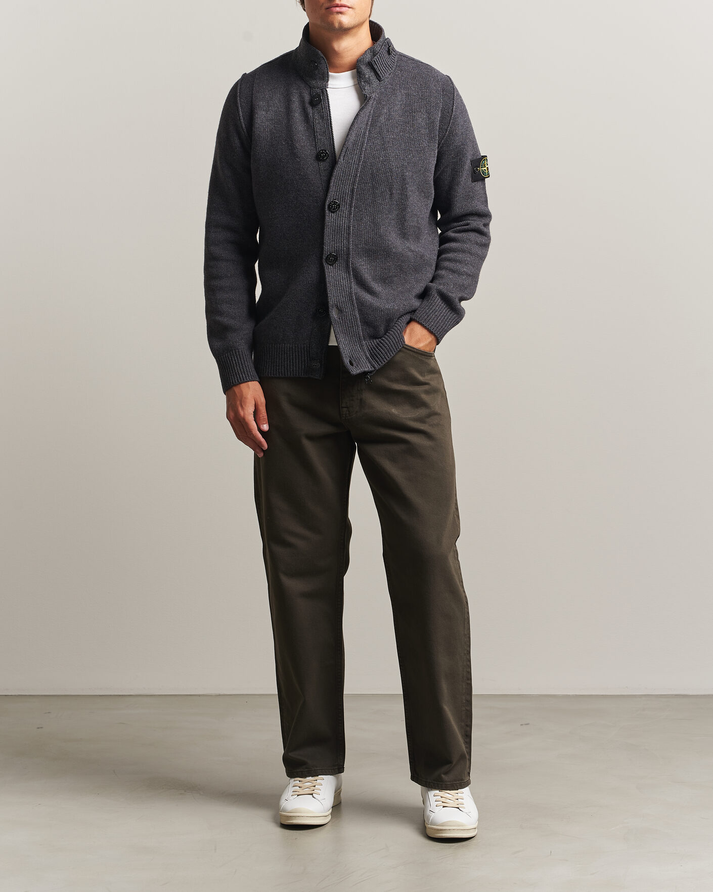 Heren | Truien | Stone Island | Knitted Lambswool Zip Button Cardigan Melange Lead