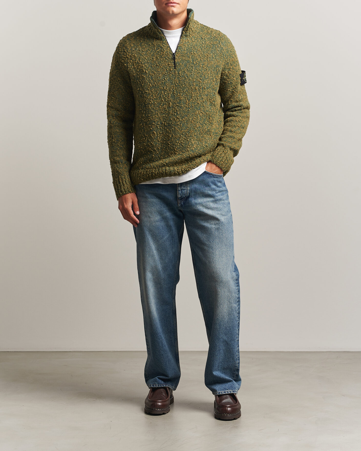 Heren | Truien | Stone Island | Speckled Wool/Nylon Half Zip Dark Green Melange