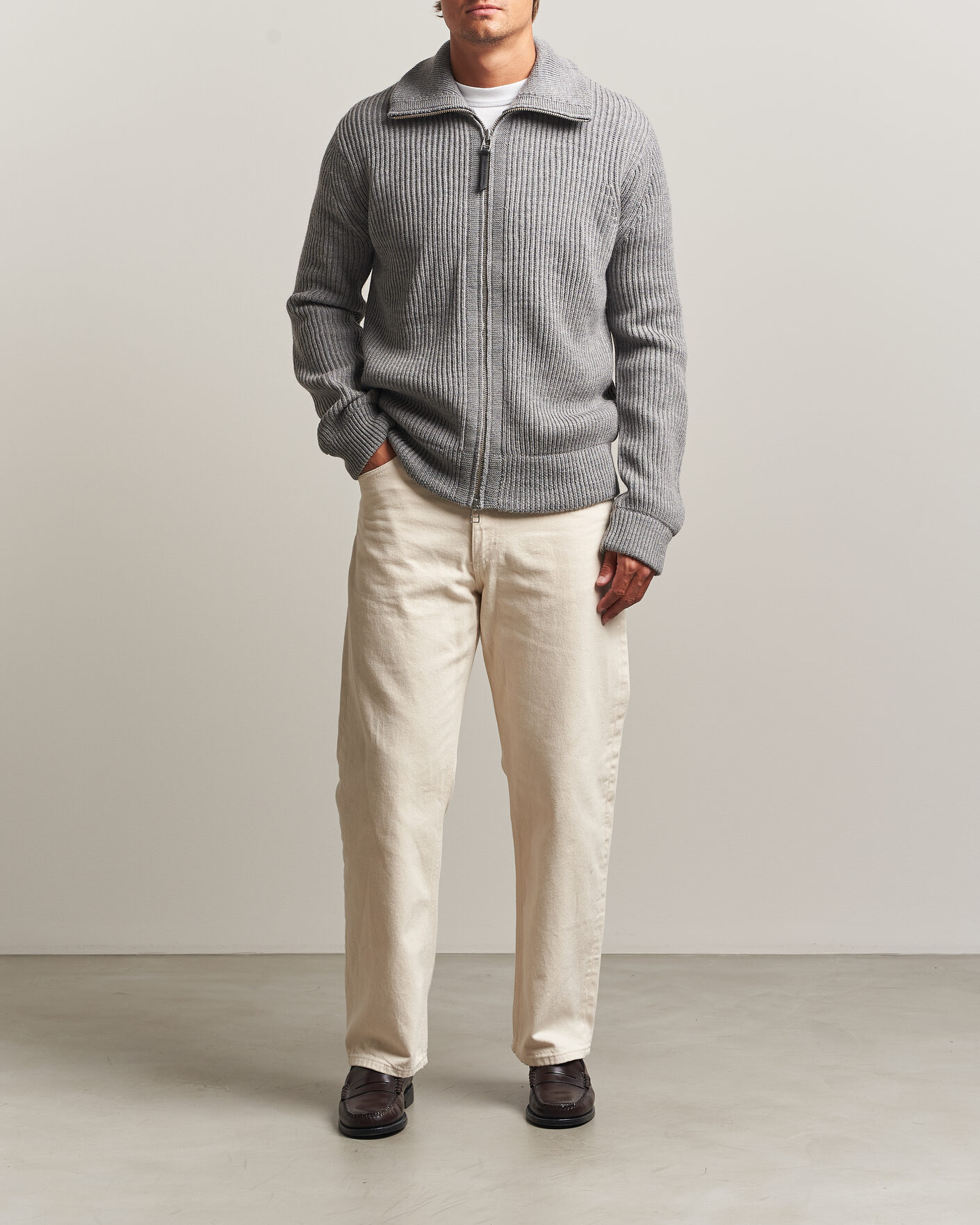 Heren | Truien | Tiger of Sweden | Niall Wool Heavy Knitted Full Zip Grey Melange